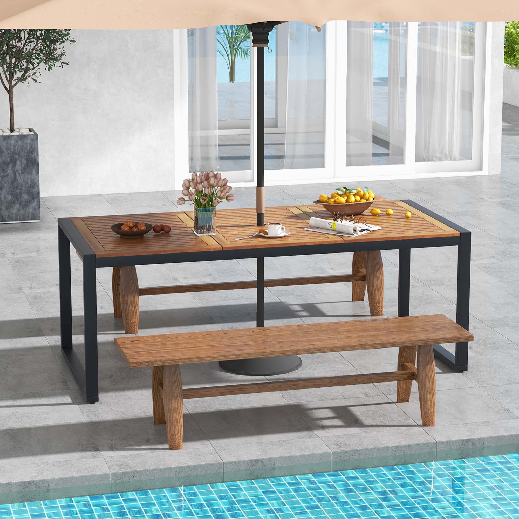 Alt View 3. Costway - Costway 79" Acacia Wood 8-Person Patio Table with 1.9" Umbrella Hole, Adjustable Foot Pads - Natural,Black.