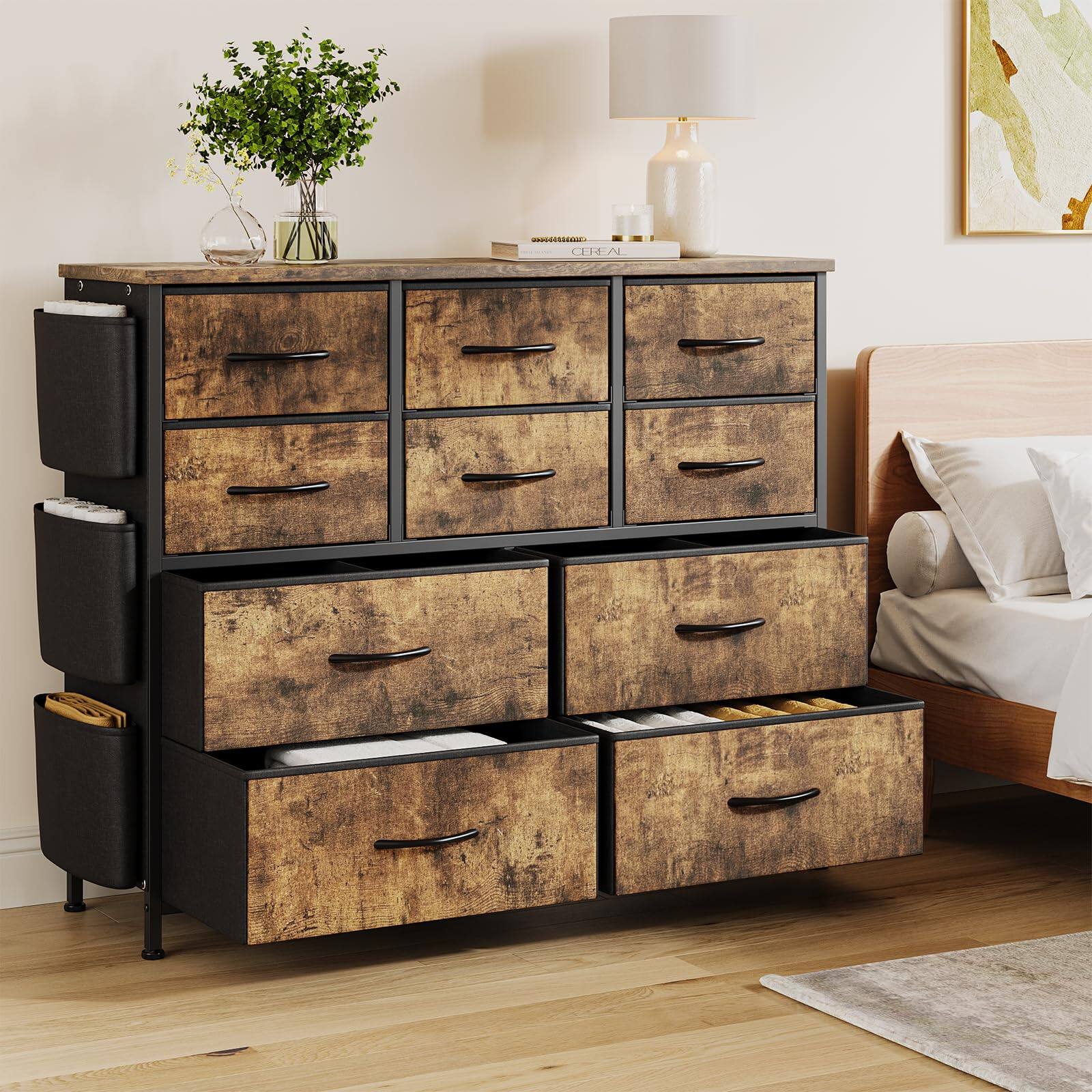 Jojoka - Fabric 10 Drawer Dresser for Bedroom, Metal Frame Storage Organizer with Side Pockets & Hooks - Brown