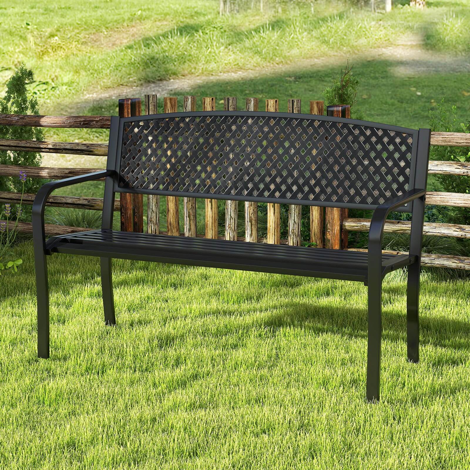 Alt View 4. Costway - Costway 50 Inches Garden Bench Outdoor Bench with Patterned Backrest and Curved Armrests - Black.