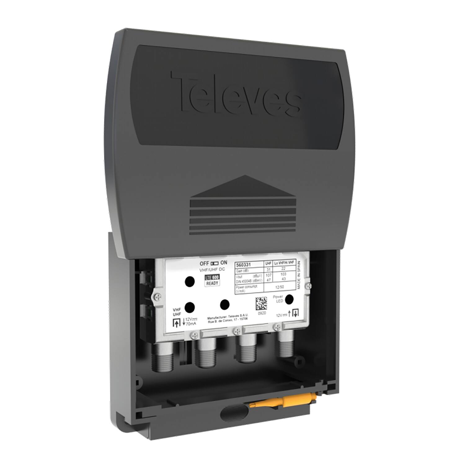 Televes

OFF ON  
VHF/UHF DC  
READY

VHF  
UHF  
12V/70mA

Manufacturer: Televes  
R&D de Canarias

560331  
La Palma, Spain  
Model: 560331  
Power output: 12.50 W  
OK/OK  
12V/1A

LED  
12V/1A

Made in Spain