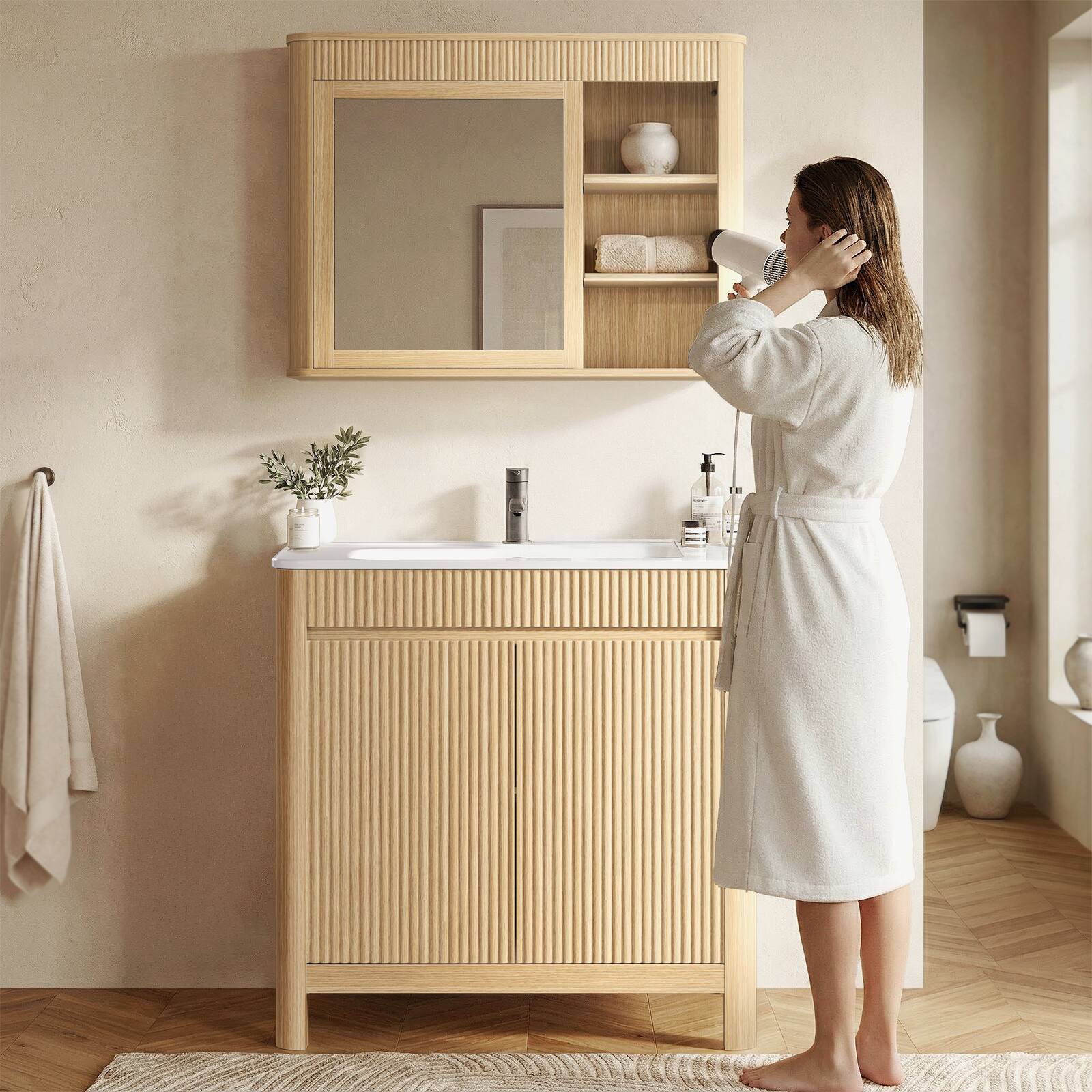 Alt View 6. ModernMate - 30" Single Bathroom Vanity Set with Mirror Cabinet, Soft Close Drawers - Natural Oak.