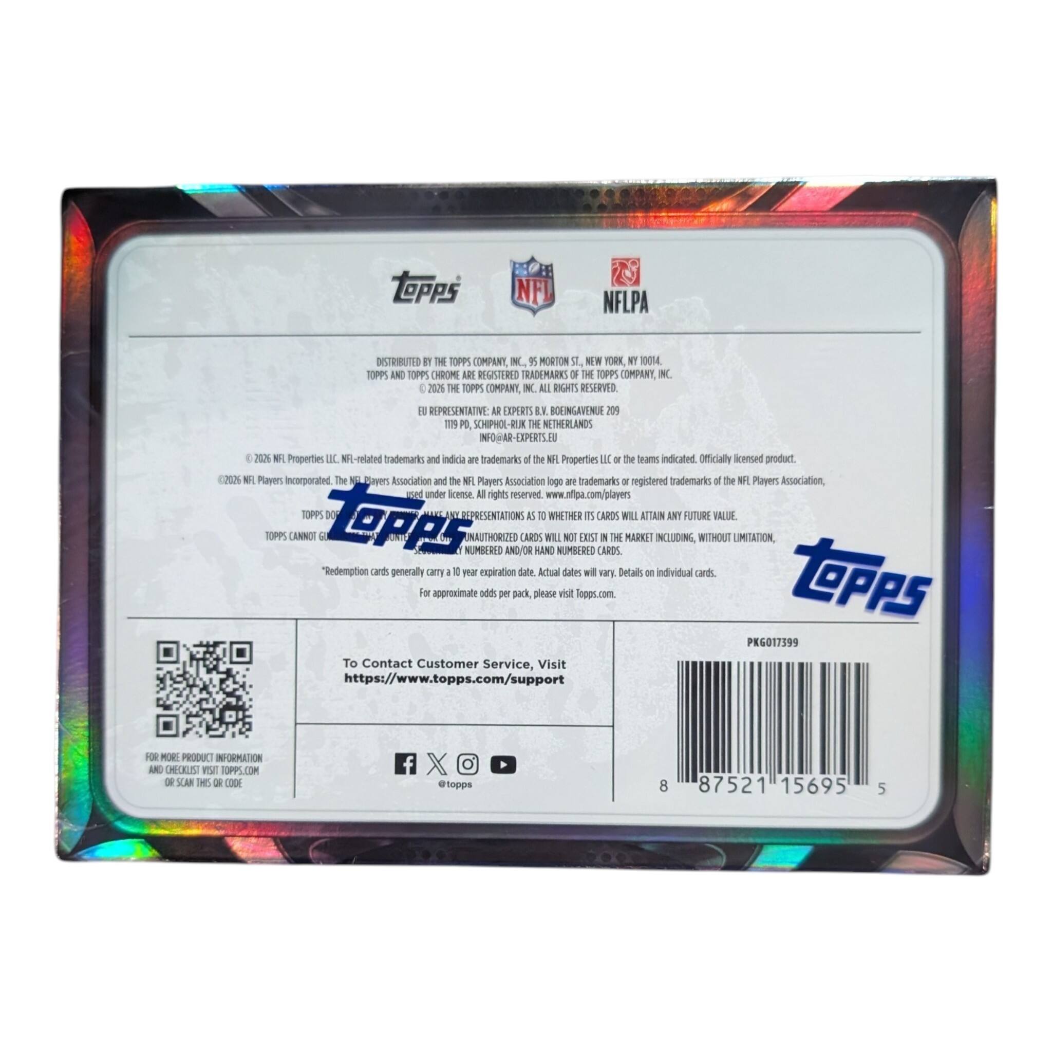 DISTRIBUTED BY THE TOPPS COMPANY, INC.  
TOPPS AND TOPPS CHROME ARE REGISTERED TRADEMARKS OF THE TOPPS COMPANY, INC.  
© 2020 THE TOPPS COMPANY, INC. ALL RIGHTS RESERVED.  
EU REPRESENTATIVE: AD PERKERS  
1110 PO, SCHIPHOL-RUK, THE NETHERLANDS  
INFO@EXPERTS.EU  

© 2020 NFL PROPERTIES, LLC. NFL-related trademarks and indicia are trademarks of the NFL Properties LLC or the teams indicated. Officially licensed product.  
© 2020 NFL PLAYERS INCORPORATED. The NFL Players Association and the NFL Players Association logo are trademarks or registered trademarks of the NFL Players Association, used under license. All rights reserved. www.nflpa.com/players  

TOPPS CANNOT GUARANTEE THAT ANY FUTURE VALUE  
TOPPS CANNOT GUARANTEE THAT ANY FUTURE VALUE  
TOPPS CANNOT GUARANTEE THAT ANY FUTURE VALUE  
TOPPS CANNOT GUARANTEE THAT ANY FUTURE VALUE  
TOPPS CANNOT GUARANTEE THAT ANY FUTURE VALUE  
TOPPS CANNOT GUARANTEE THAT ANY FUTURE