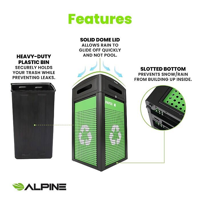 Features
HEAVY-DUTY PLASTIC BIN SECURELY HOLDS YOUR TRASH WHILE PREVENTING LEAKS.
SOLID DOME LID ALLOWS RAIN TO GLIDE OFF QUICKLY AND NOT POOL.
SLOTTED BOTTOM PREVENTS SNOW/RAIN FROM BUILDING UP INSIDE.