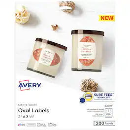 Avery - Print-to-the-Edge Laser/Inkjet Oval Labels, 2" x 3-1/3", 200 Labels/Pack (22570) - White