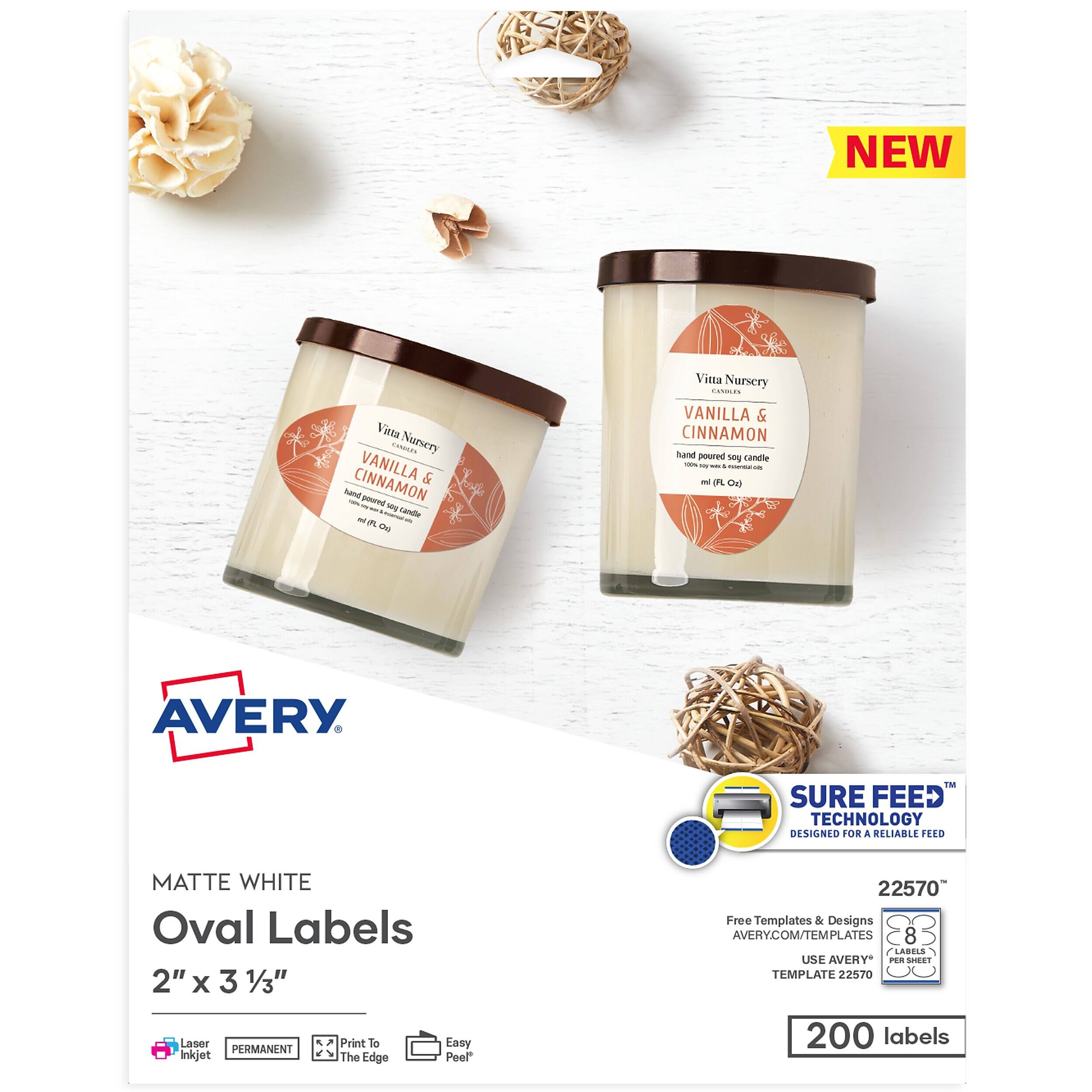 NEW  
Vitta Nursery VANILLA & CINNAMON hand poured soy candle 100% soy wax & essential oil 90 ml (FL Oz)  

AVERY  
SURE FEED TECHNOLOGY DESIGNED FOR A RELIABLE FEED  
MATTE WHITE Oval Labels 2" X 3 1/3"  
22570 Free Templates & Designs AVERY.COM/TEMPLATES USE AVERY* PER SHEET TEMPLATE 22570  
Laser PERMANENT Inkjet  
Print To The Edge  
Easy Peel  
200 labels