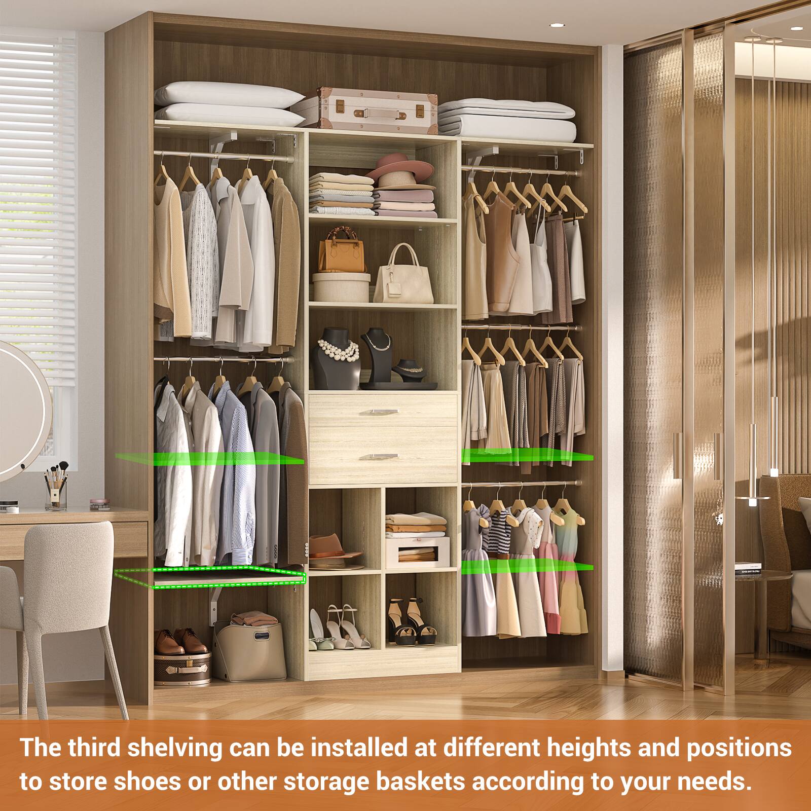 The third shelving can be installed at different heights and positions to store shoes or other storage baskets according to your needs.