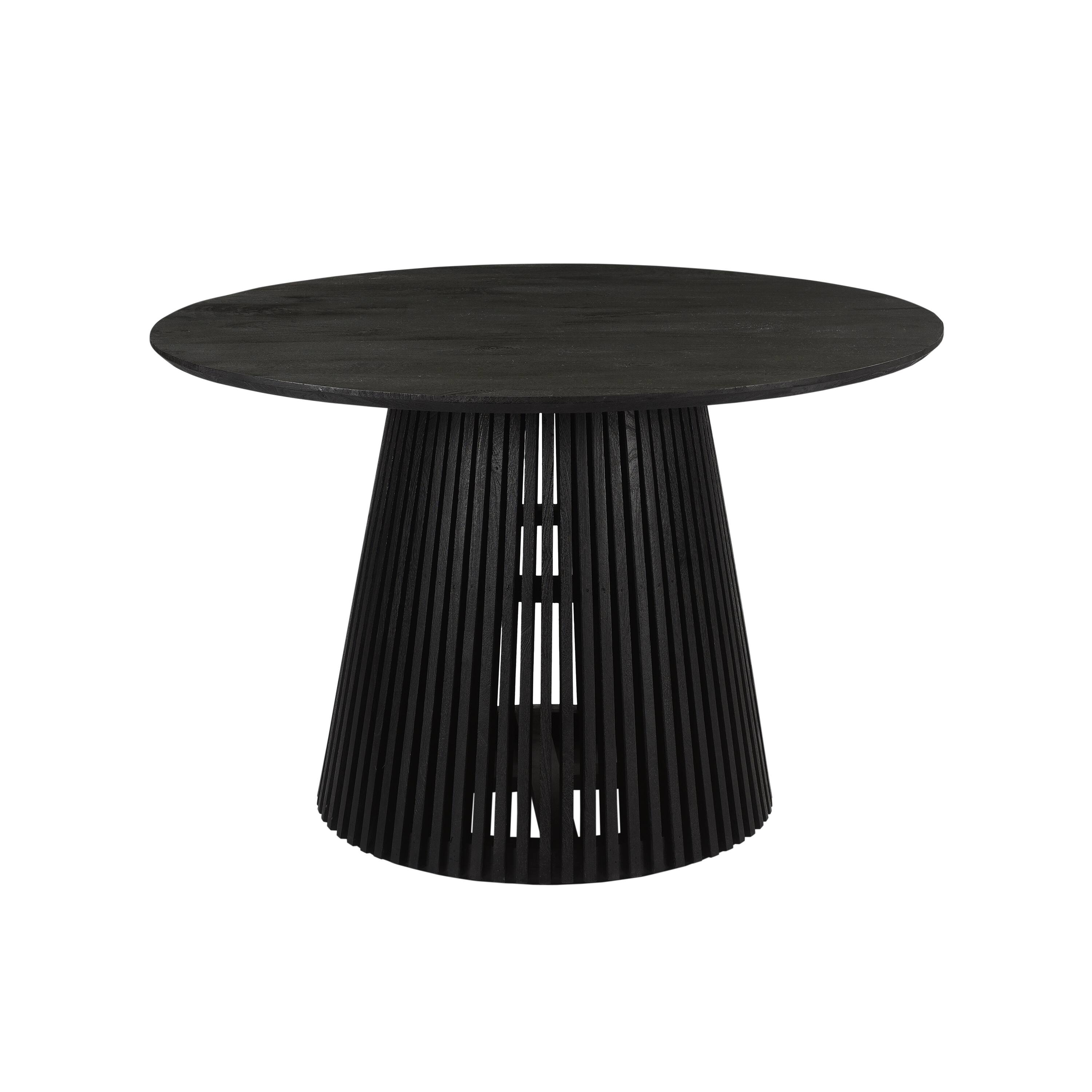 Angle. Manhattan Lane - Ridge 47 Inch Handcrafted Mango Wood Round Dining Table, Slatted Flared Base - Black.