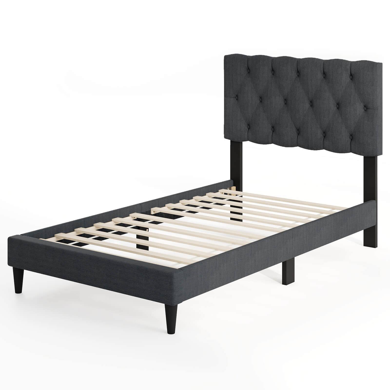 Angle. Costway - Twin Size Bed Frame with Button-Tufted Headboard & Wooden Slats Easy Assembly - Gray.