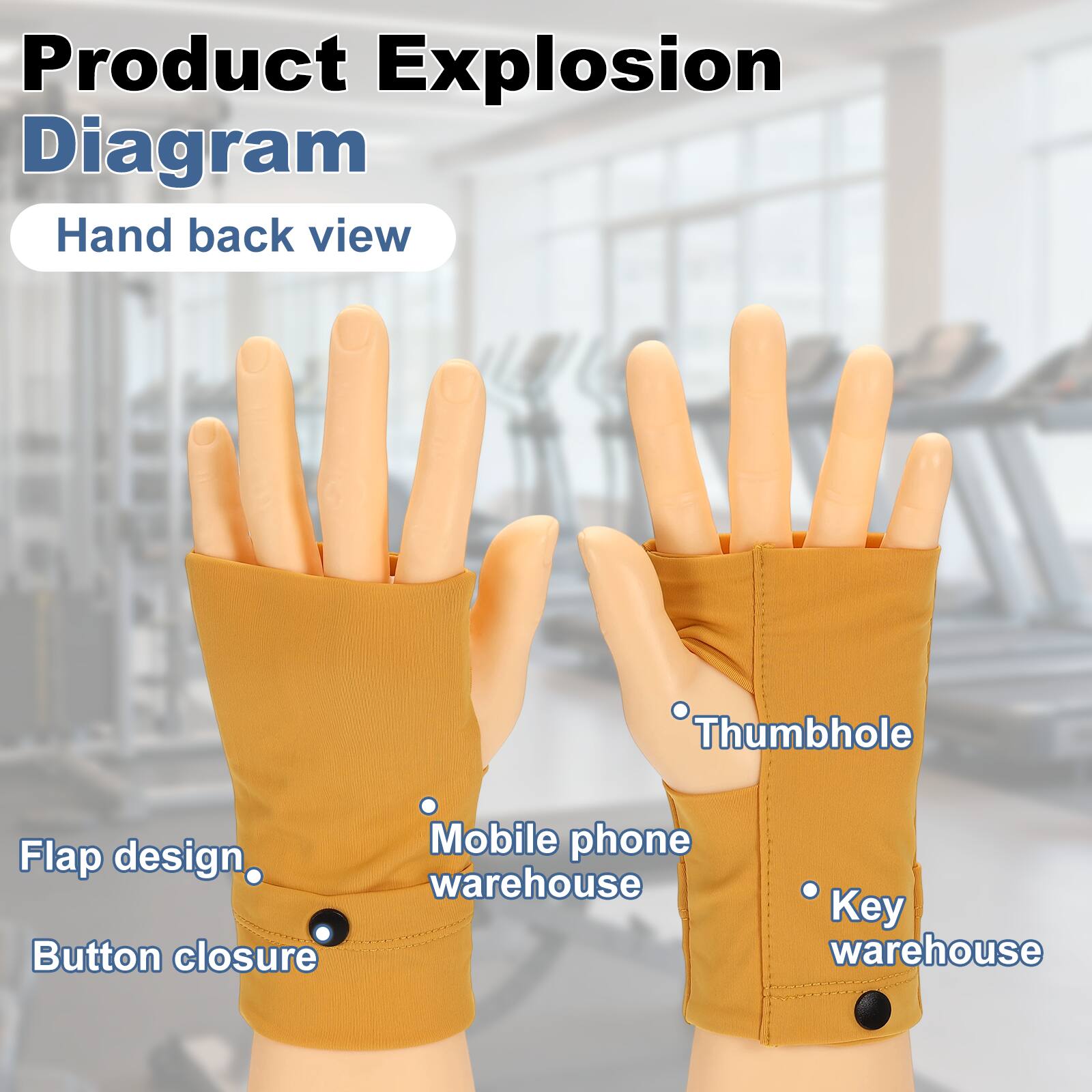 Product Explosion Diagram  
Hand back view  
Thumbhole  
Flap design  
Button closure  
Mobile phone warehouse  
Key warehouse