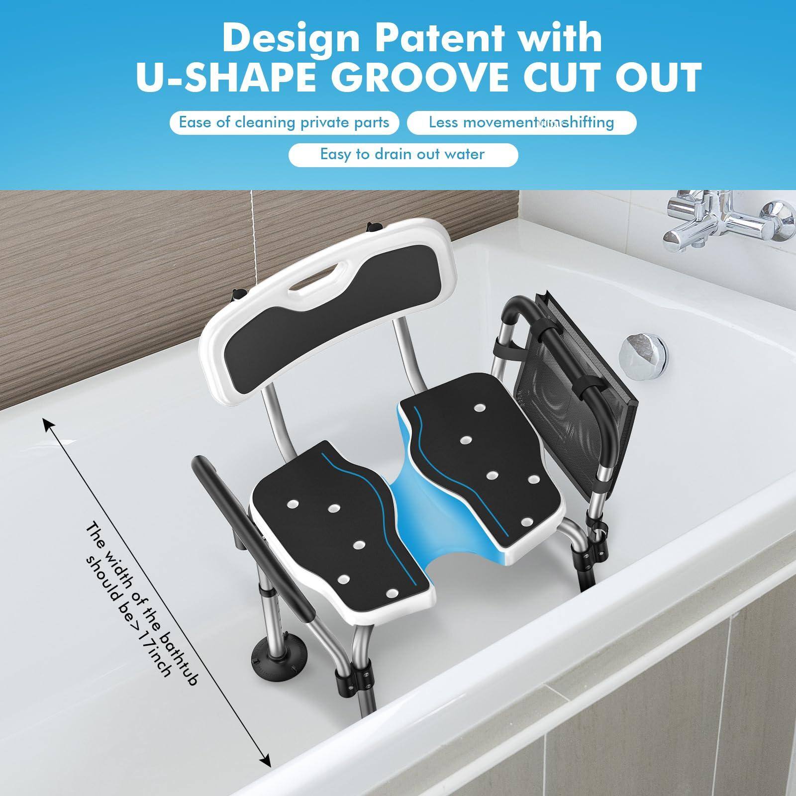 Design Patent with U-SHAPE GROOVE CUT OUT

- Ease of cleaning private parts
- Less movement/shifting
- Easy to drain out water

The width of the bathtub should be > 17 inch