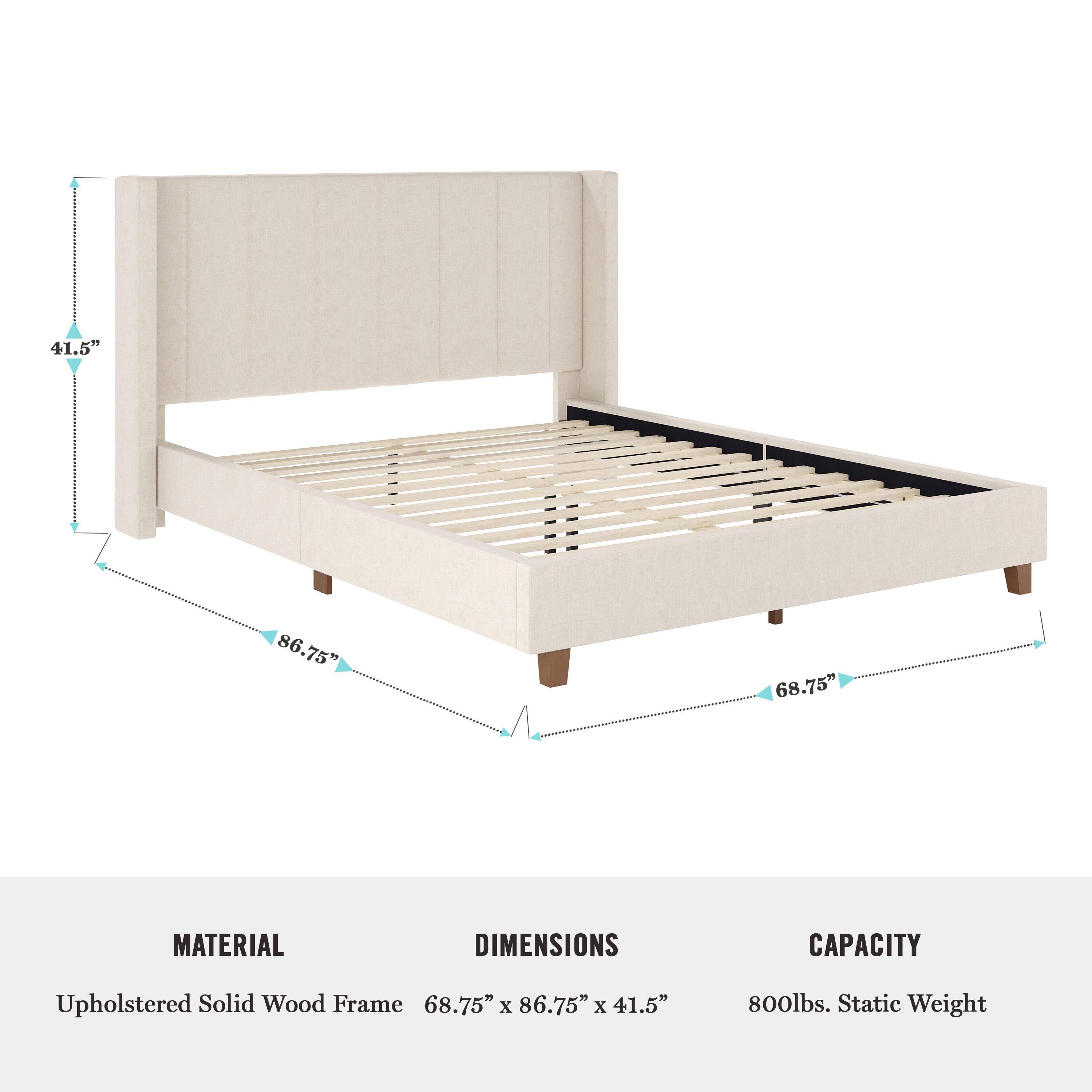 The text on the image reads:

Material: Upholstered Solid Wood Frame
Dimensions: 68.75" x 86.75" x 41.5"
Capacity: 800lbs. Static Weight