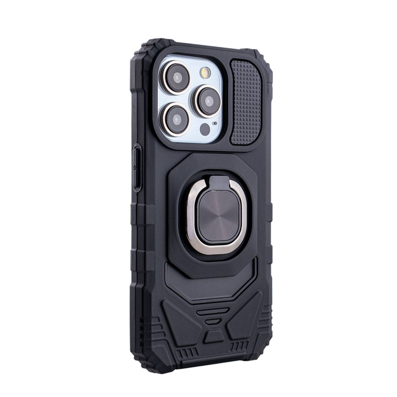 Front. Reiko - Kickstand Ring Holder Tpu Shockproof Case For Iphone 15  Pro In Black - Black.