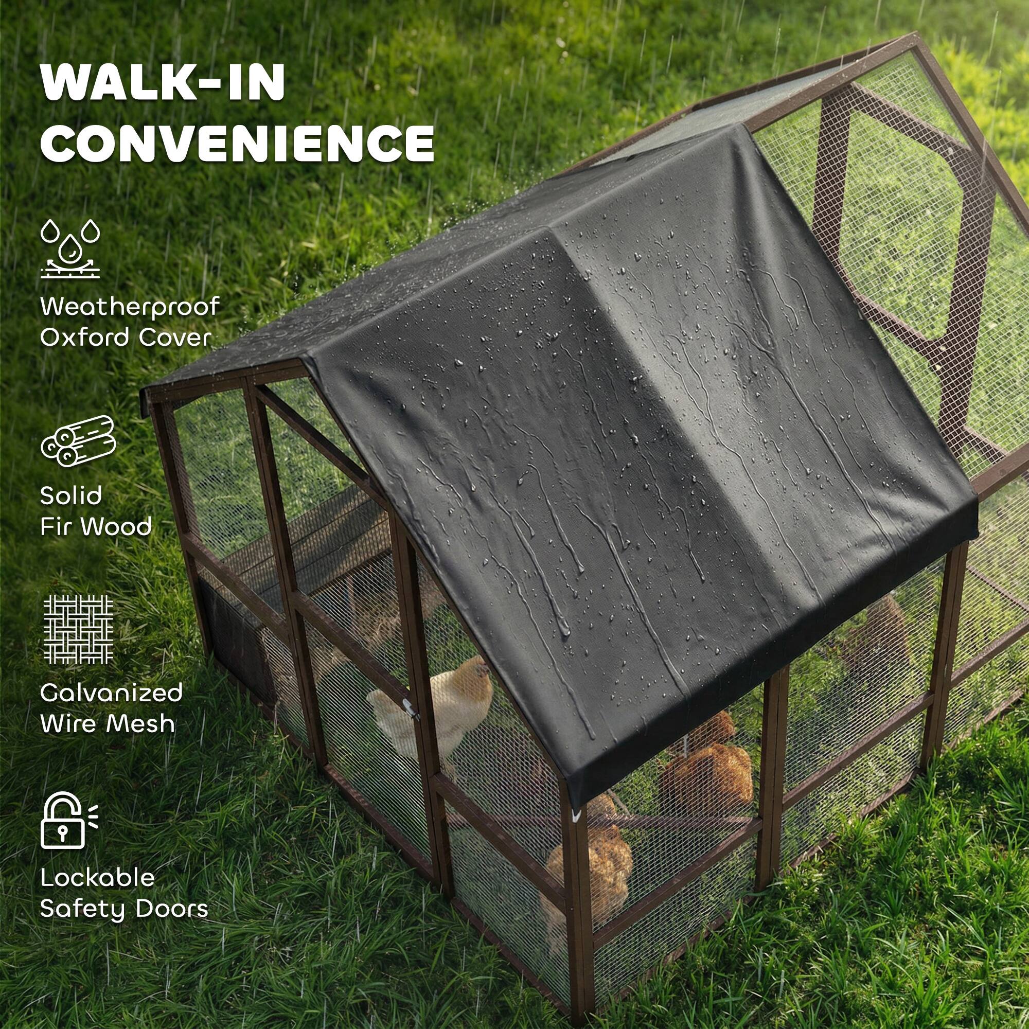 WALK-IN CONVENIENCE

- Weatherproof Oxford Cover
- Solid Fir Wood
- Galvanized Wire Mesh
- Lockable Safety Doors