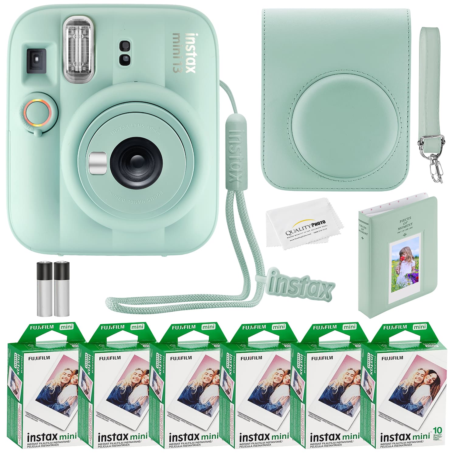 Bundle - Fujifilm - Instax Mini 13 Instant Camera, 60 Photo Prints, Photo Album, Camera Case & Quality Photo Microfiber Cloth - Lagoon Green