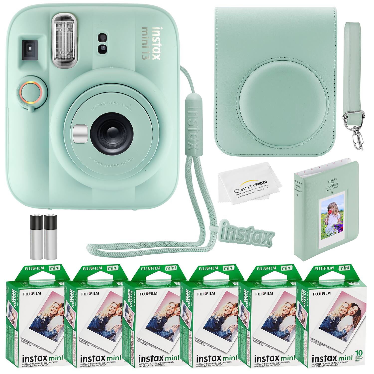 Bundle - Fujifilm - Instax Mini 13 Instant Camera, 60 Photo Prints, Photo Album, Camera Case & Quality Photo Microfiber Cloth - Lagoon Green