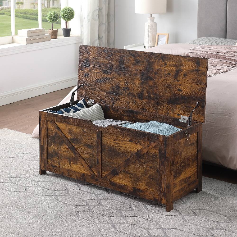 Alt View 2. Ropilly - Ropilly Rustic Brown Storage Bench Heavy Duty Toy Box Organizer Wood Entryway Blanket Chest with Safety Hinges - Rustic Brown.