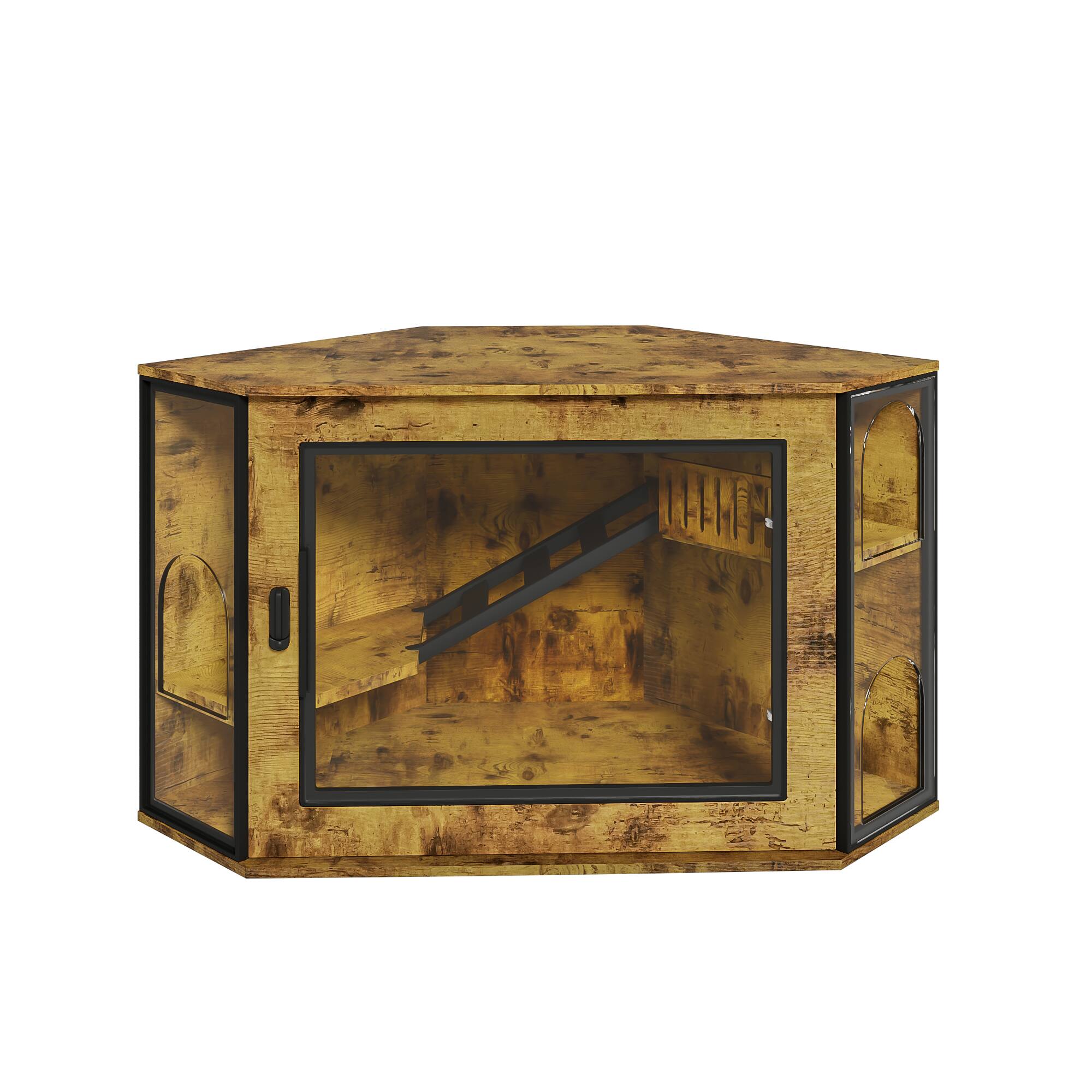 Back. Whisen - Corner Cat Litter Box Enclosure, Hidden Cat Furniture Cabinet with Acrylic Door, LED Light, Play Zone - Tiger.