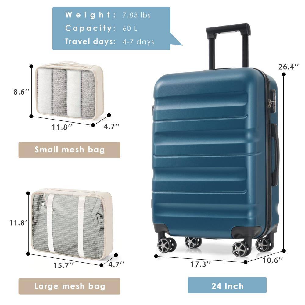 Weight: 7.83 lbs  
Capacity: 60 L  
Travel days: 4-7 days  

Small mesh bag: 8.6" x 11.8" x 4.7"  
Large mesh bag: 11.8" x 15.7" x 4.7"  

24 Inch: 26.4" x 17.3" x 10.6"