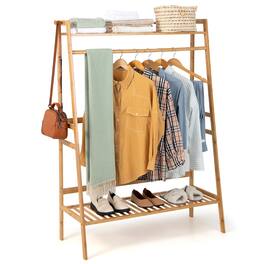 Costway - 2-Tier Bamboo Garment Rack Clothing Storage Organizer Coat Hanger w/ Rod & Hooks - Natural