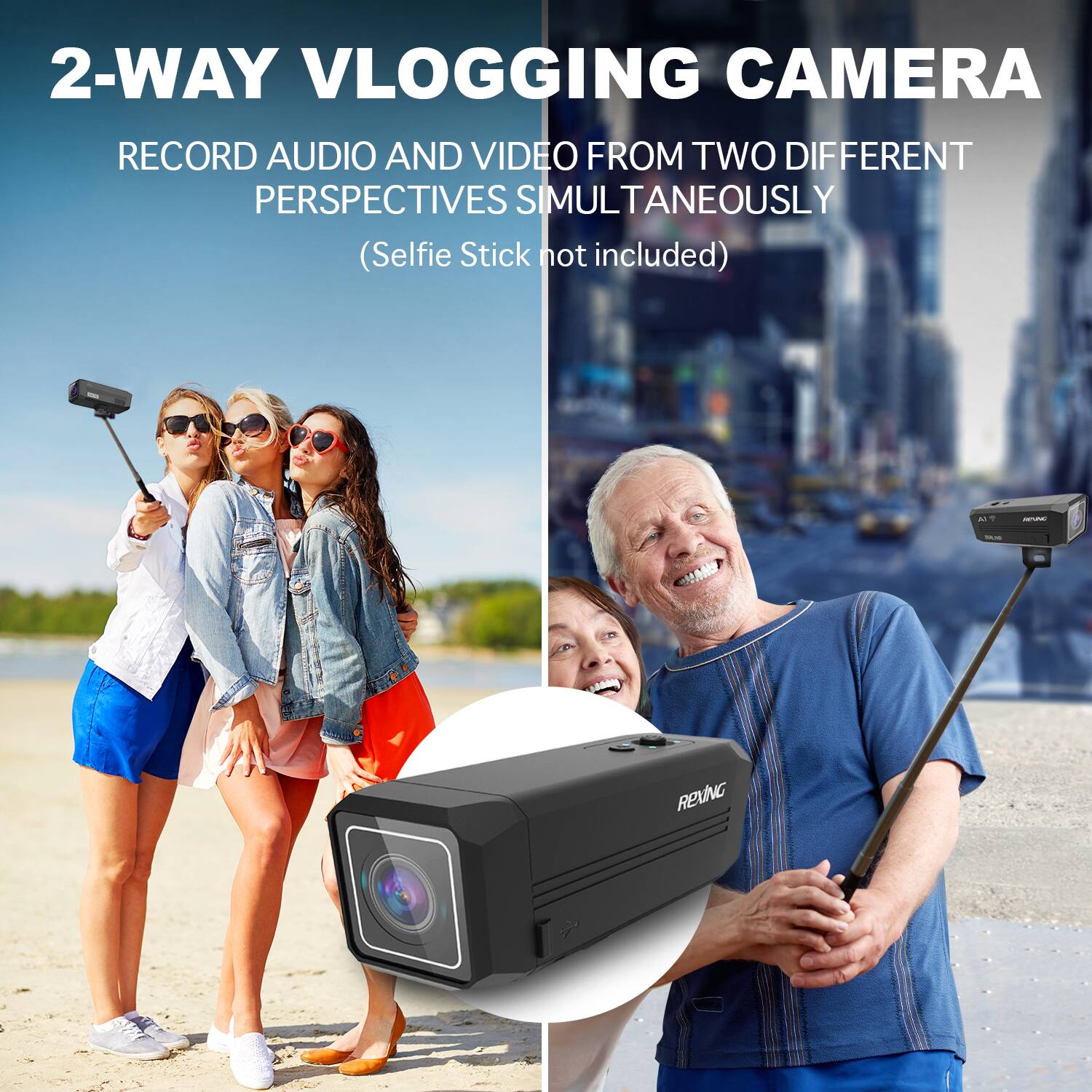 2-WAY VLOGGING CAMERA

RECORD AUDIO AND VIDEO FROM TWO DIFFERENT PERSPECTIVES SIMULTANEOUSLY

(Selfie Stick not included)