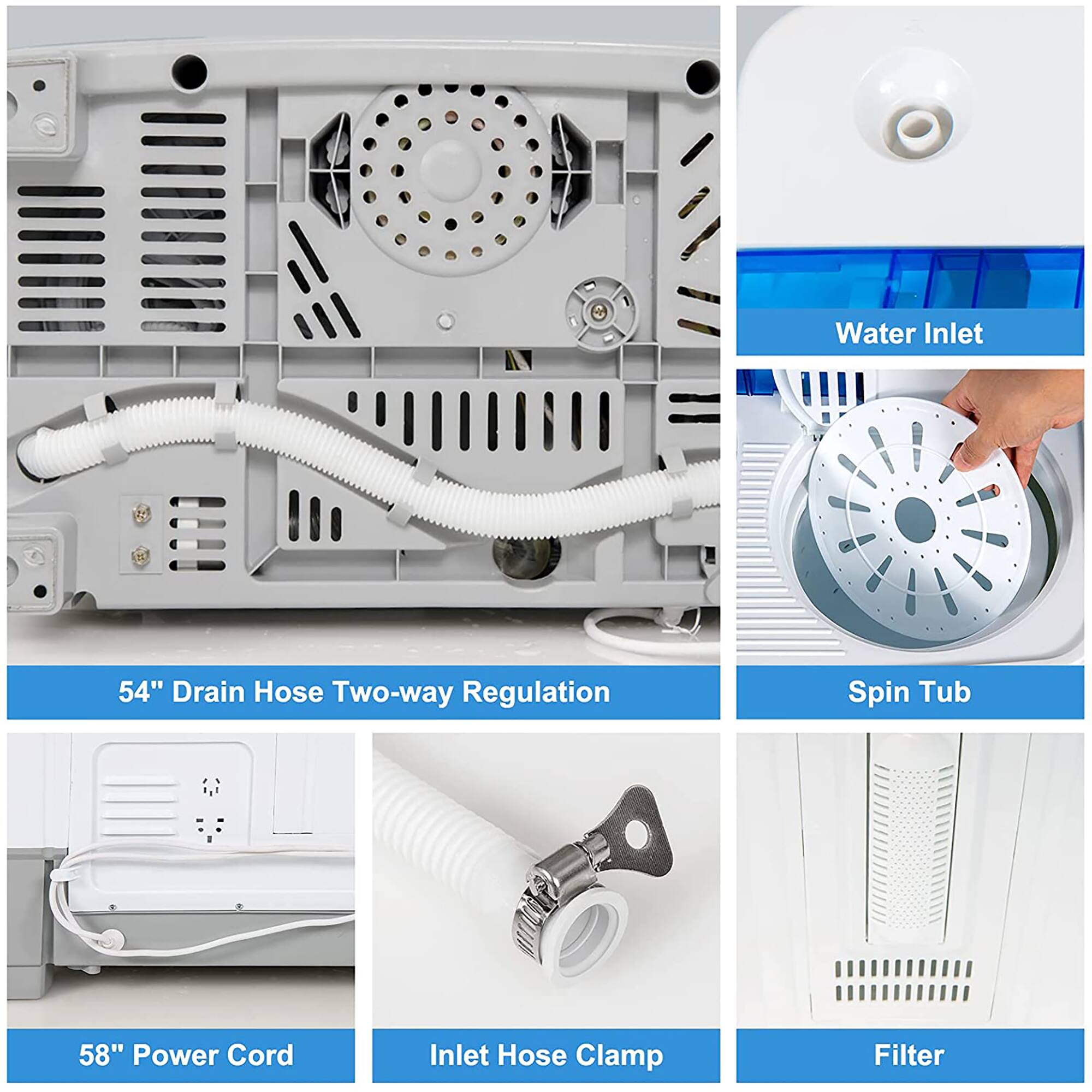 Water Inlet, 54" Drain Hose Two-way Regulation, Spin Tub, 58" Power Cord, Inlet Hose Clamp, Filter.