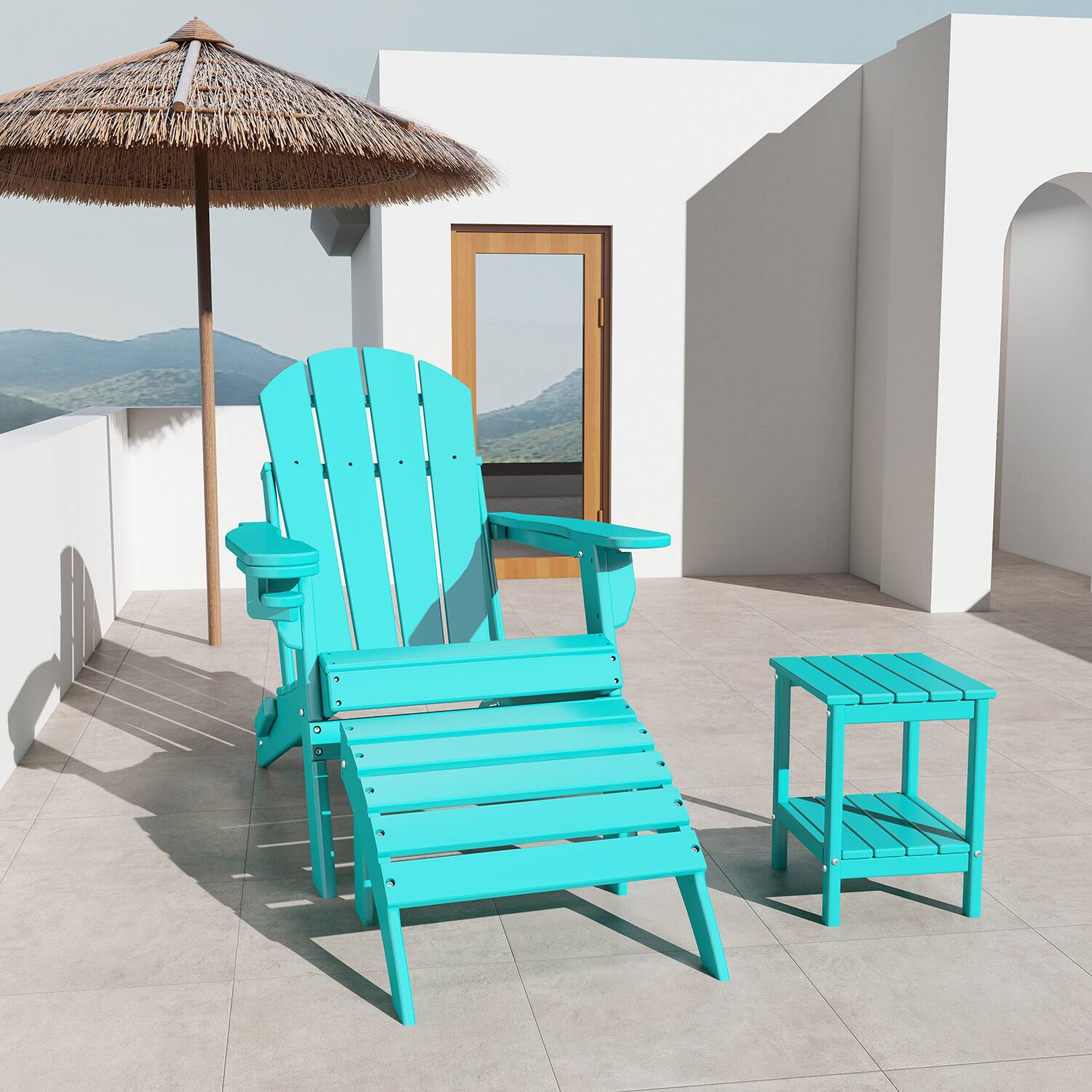 Alt View 1. FODINGHILL - HDPE Adirondack Ottoman, All weather Footrest for Patio & Garden - Aqua.