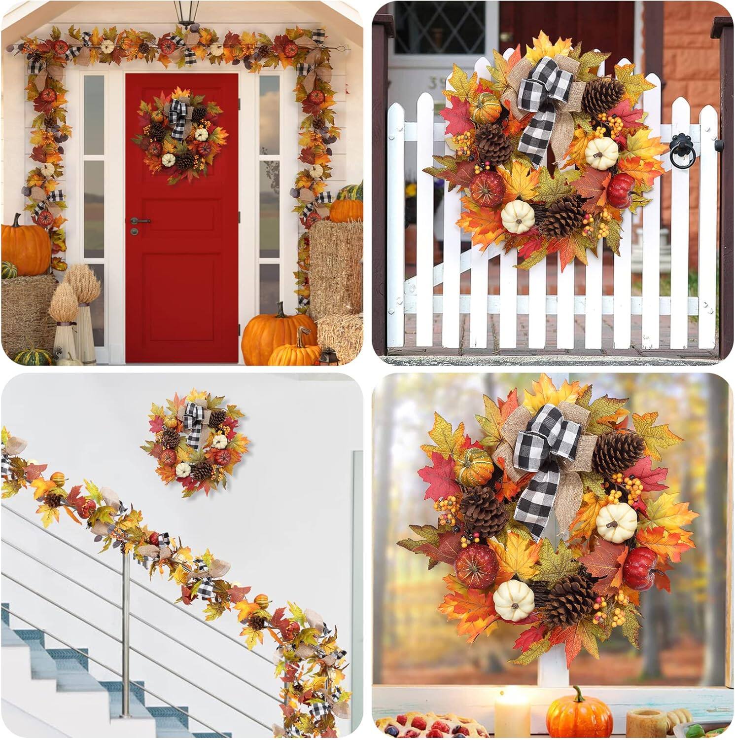 Alt View 5. GARVEE - 20" Fall Wreath for Front Door, Artificial Maple Leaves, Pumpkin, Pinecones & Berries, Black and White Plaid Ribbon - Green.