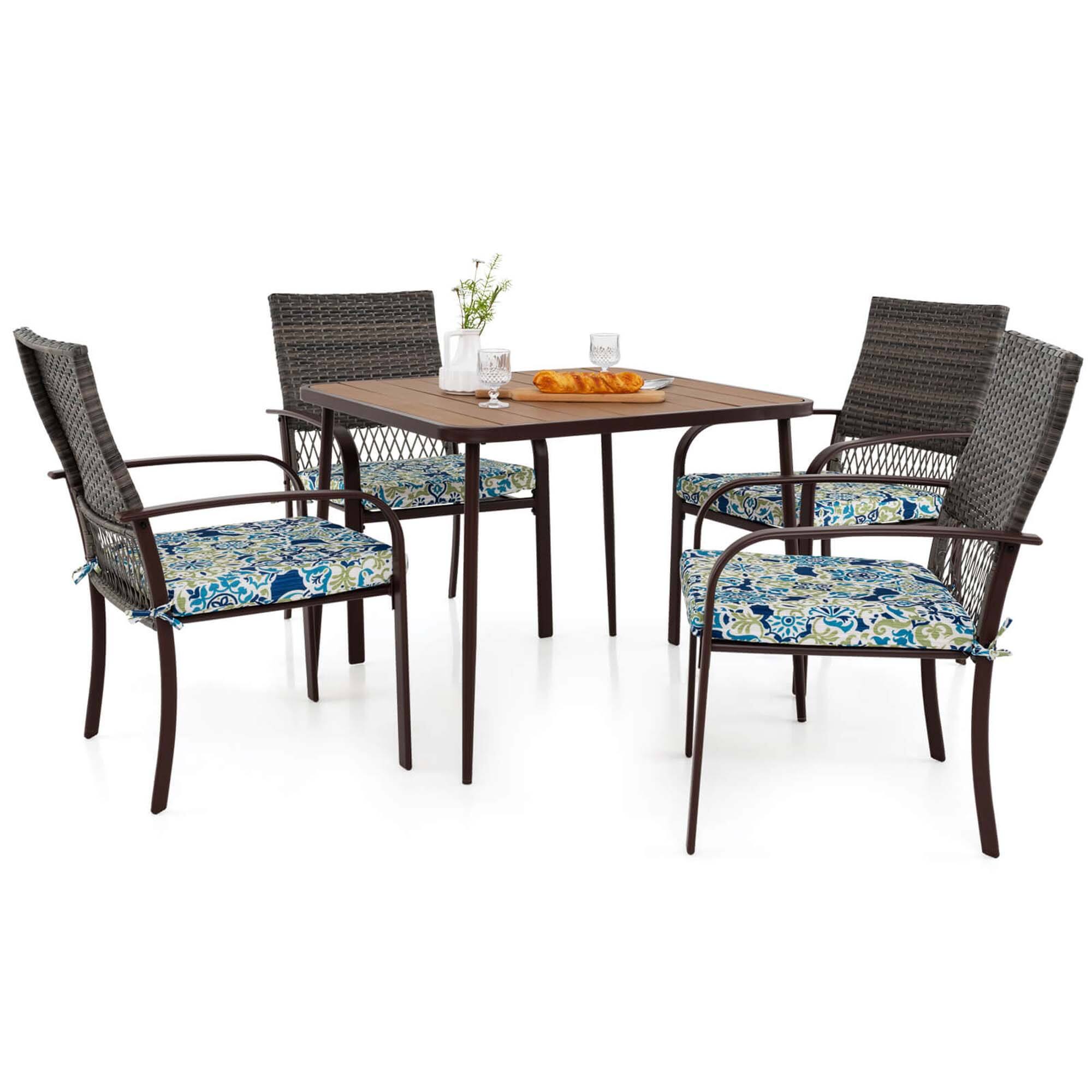 Alt View 9. Costway - Costway 5 Pieces Patio Dining Set, 4 Cushioned Rattan Armchairs & Square Table - Brown.