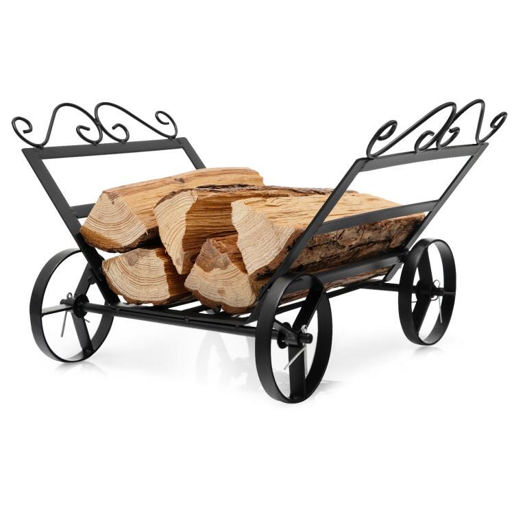 Mondawe - Firewood Rack Decorative Rustproof Steel Fireplace Log Holder with Wheels - Black
