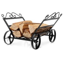 Mondawe - Firewood Rack Decorative Rustproof Steel Fireplace Log Holder with Wheels - Black