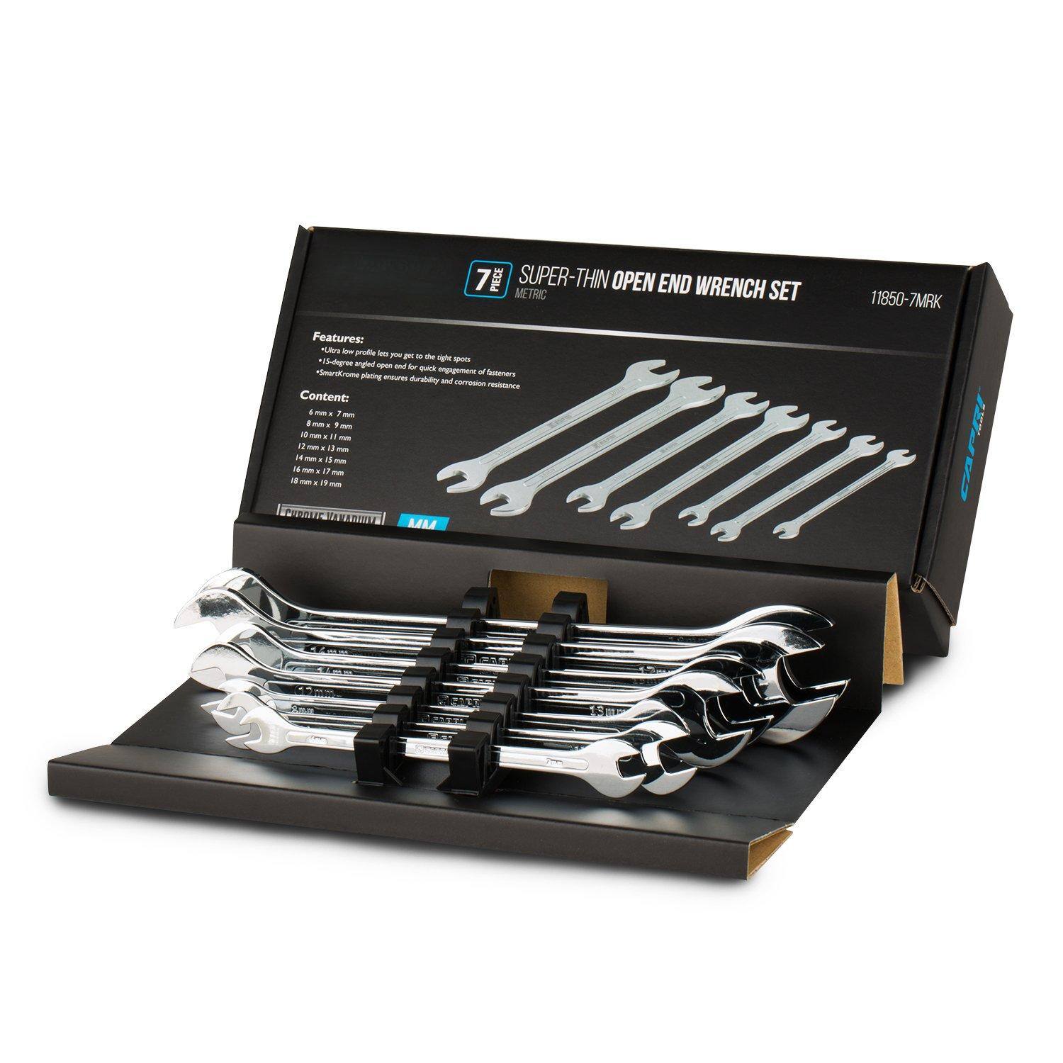 7 PIECE SUPER-THIN OPEN END WRENCH METRIC SET 11850-7MRK

Features:
- 1/2" low profile lets you get to tight spaces
- 1/2" chrome plating ensures quick engagement and corrosion resistance

Contents:
- 4 mm x 7 mm
- 5 mm x 8 mm
- 6 mm x 8 mm
- 8 mm x 10 mm
- 10 mm x 12 mm
- 12 mm x 14 mm
- 14 mm x 16 mm
- 16 mm x 18 mm