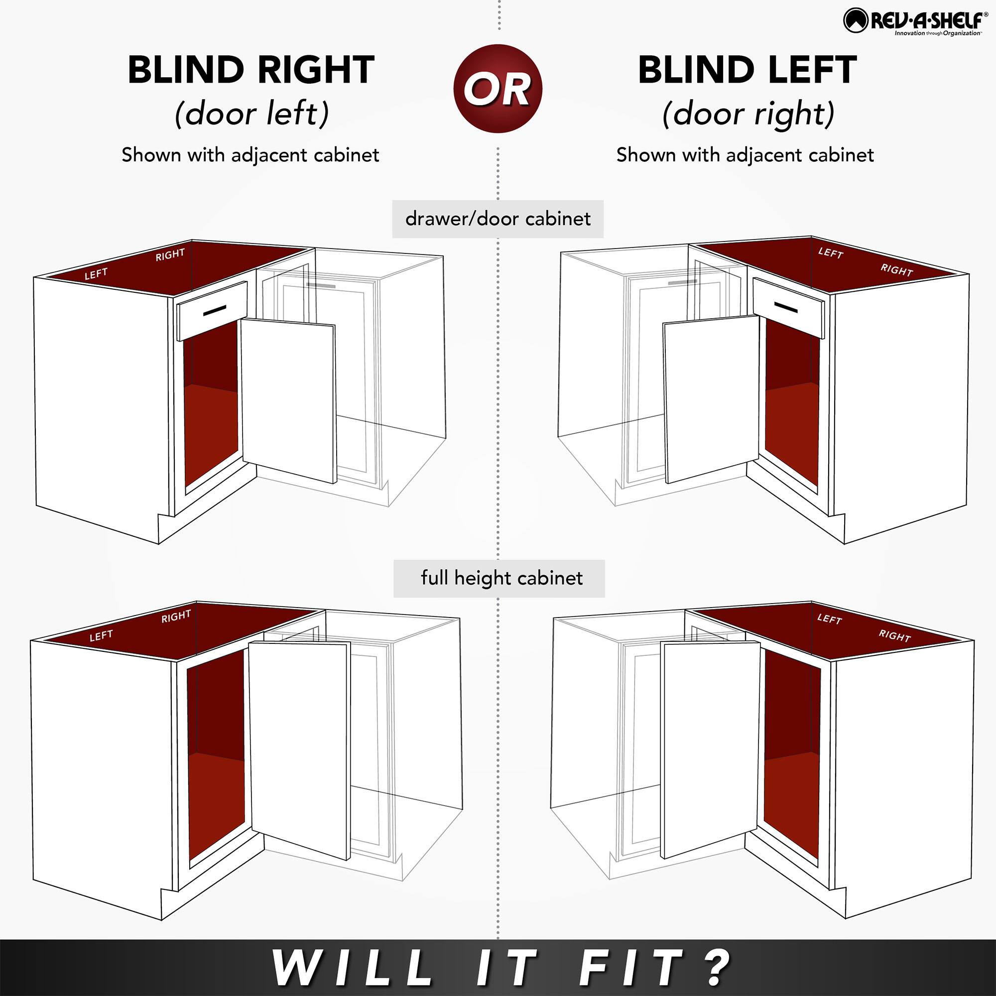 BLIND RIGHT  
(door left)  
Shown with adjacent cabinet  

OR  

BLIND LEFT  
(door right)  
Shown with adjacent cabinet  

drawer/door cabinet  

full height cabinet  

WILL IT FIT?