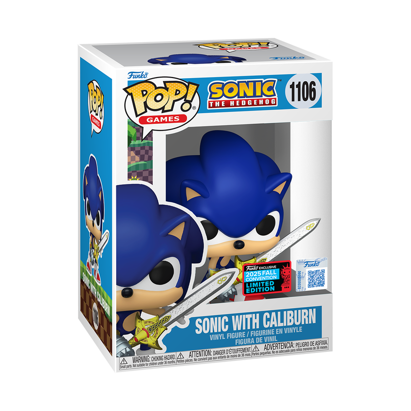 Sure, here is the corrected and grouped text from the image:

---

**Top Left Corner:**
- Funko POP! GAMES

**Top Center:**
- SONIC THE HEDGEHOG 1106

**Top Right Corner:**
- 2025 FALL CONVENTION LIMITED EDITION

**Center:**
- SONIC WITH CALIBURN

**Bottom Center:**
- VINYL FIGURE / FIGURINE EN VINYLE / FIGURA DE VINIL

**Bottom Left Corner:**
- WARNING: CHOKING HAZARD - Small parts. Not for children under 3 years.
- ADVERTENCIA: PEQUEÑOS PIEZAS. NO ADECUADO PARA NIÑOS MENORES DE 3 AÑOS.

**Bottom Right Corner:**
- Peligro de asfixia. No adecuado para niños menores de 3 años.

**Bottom Center (QR Code):**
- Funko Exclusive

**Bottom Center (Red Label):**
- 2025 FALL CONVENTION LIMITED EDITION

---