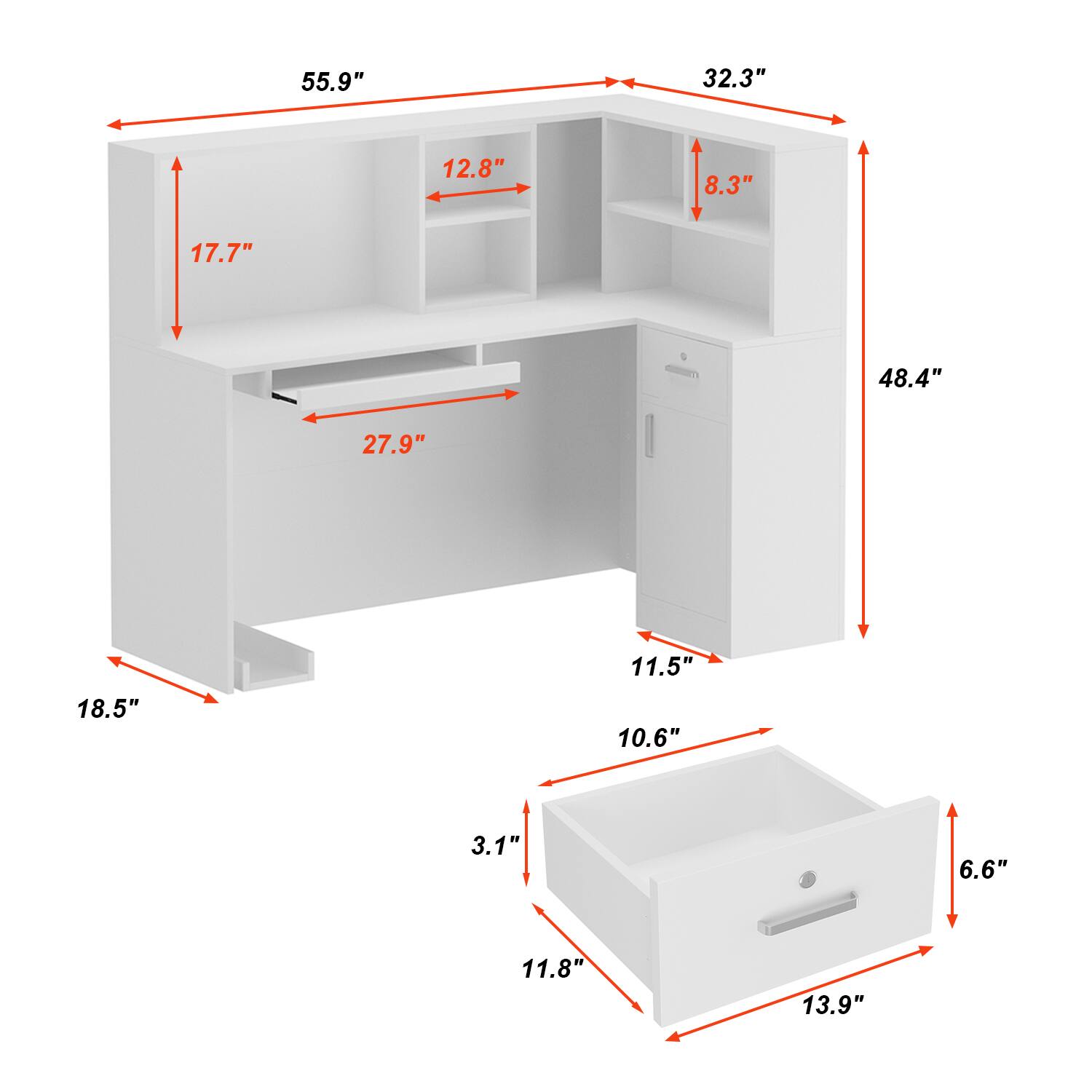 Desk: 55.9", 32.3", 12.8", 8.3", 17.7", 48.4", 27.9", 18.5", 11.5"

Drawer: 10.6", 3.1", 6.6", 11.8", 13.9"