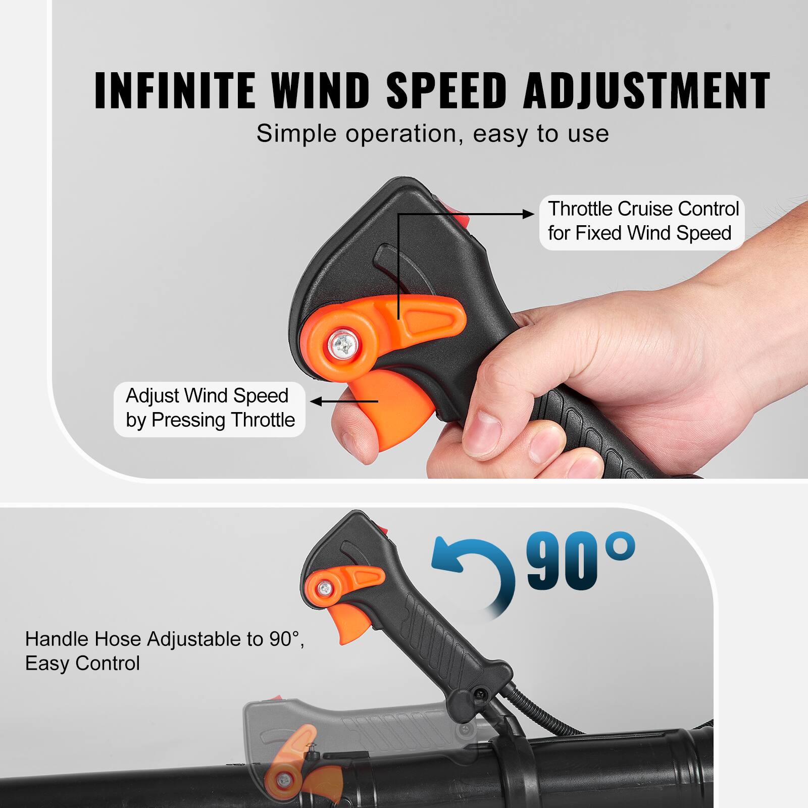 INFINITE WIND SPEED ADJUSTMENT  
Simple operation, easy to use  

- Throttle Cruise Control for Fixed Wind Speed  
- Adjust Wind Speed by Pressing Throttle  

Handle Hose Adjustable to 90°, Easy Control