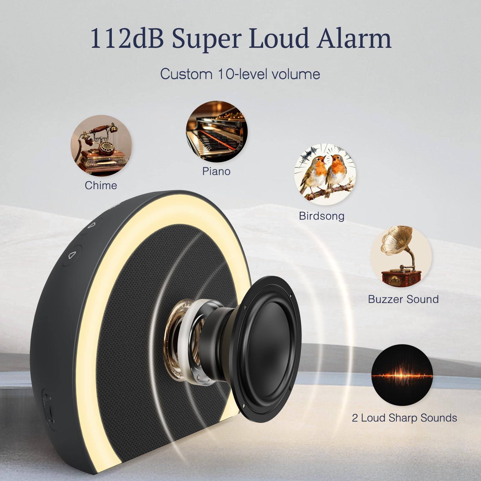 112dB Super Loud Alarm  
Custom 10-level volume  
- Chime  
- Piano  
- Birdsong  
- Buzzer Sound  
- 2 Loud Sharp Sounds