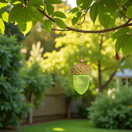 Front. BreeBe - Outdoor Hanging Bird Seed Feeder – Metal Acorn Design for Garden and Patio Décor - Brown.