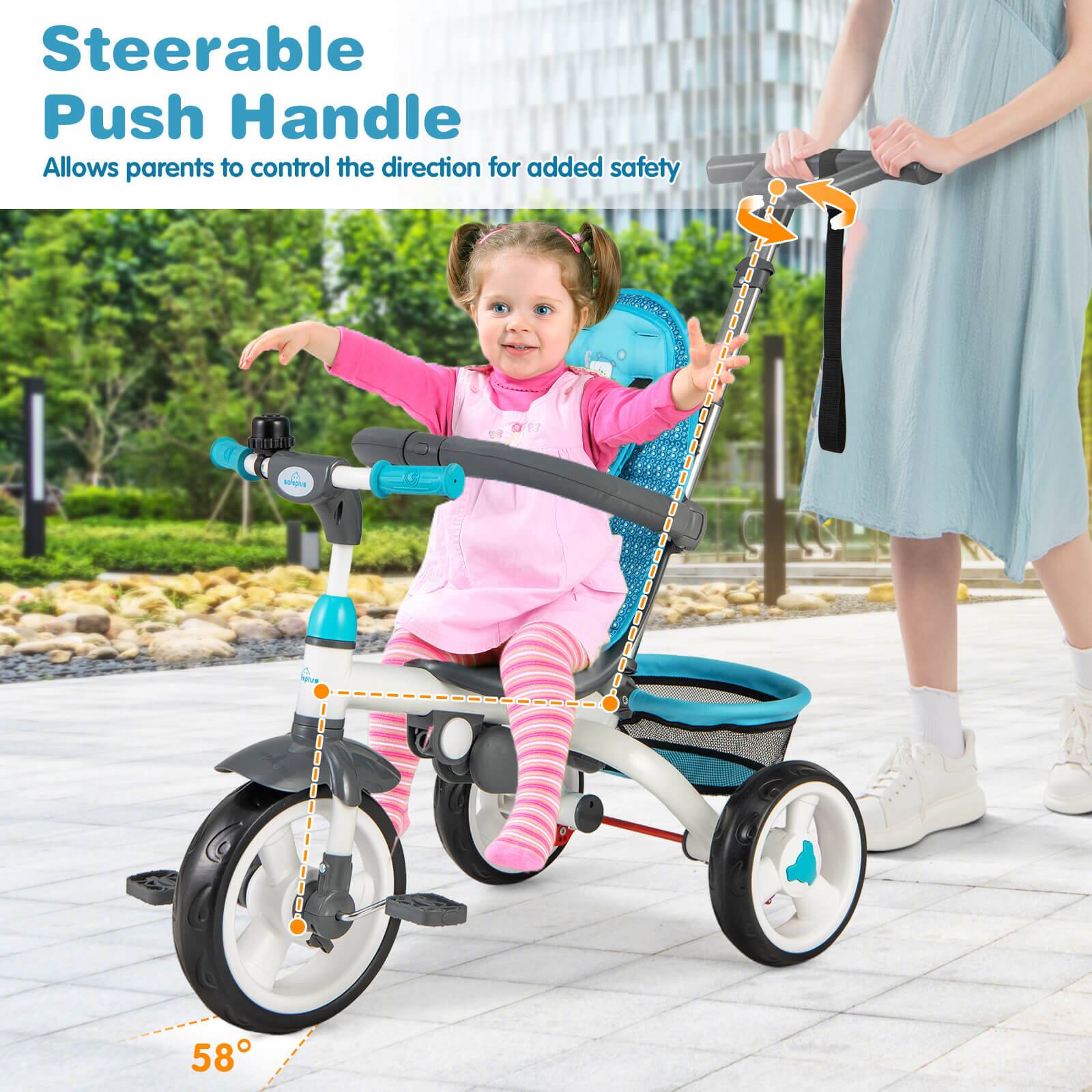 Steerable Push Handle  
Allows parents to control the direction for added safety  

58°
