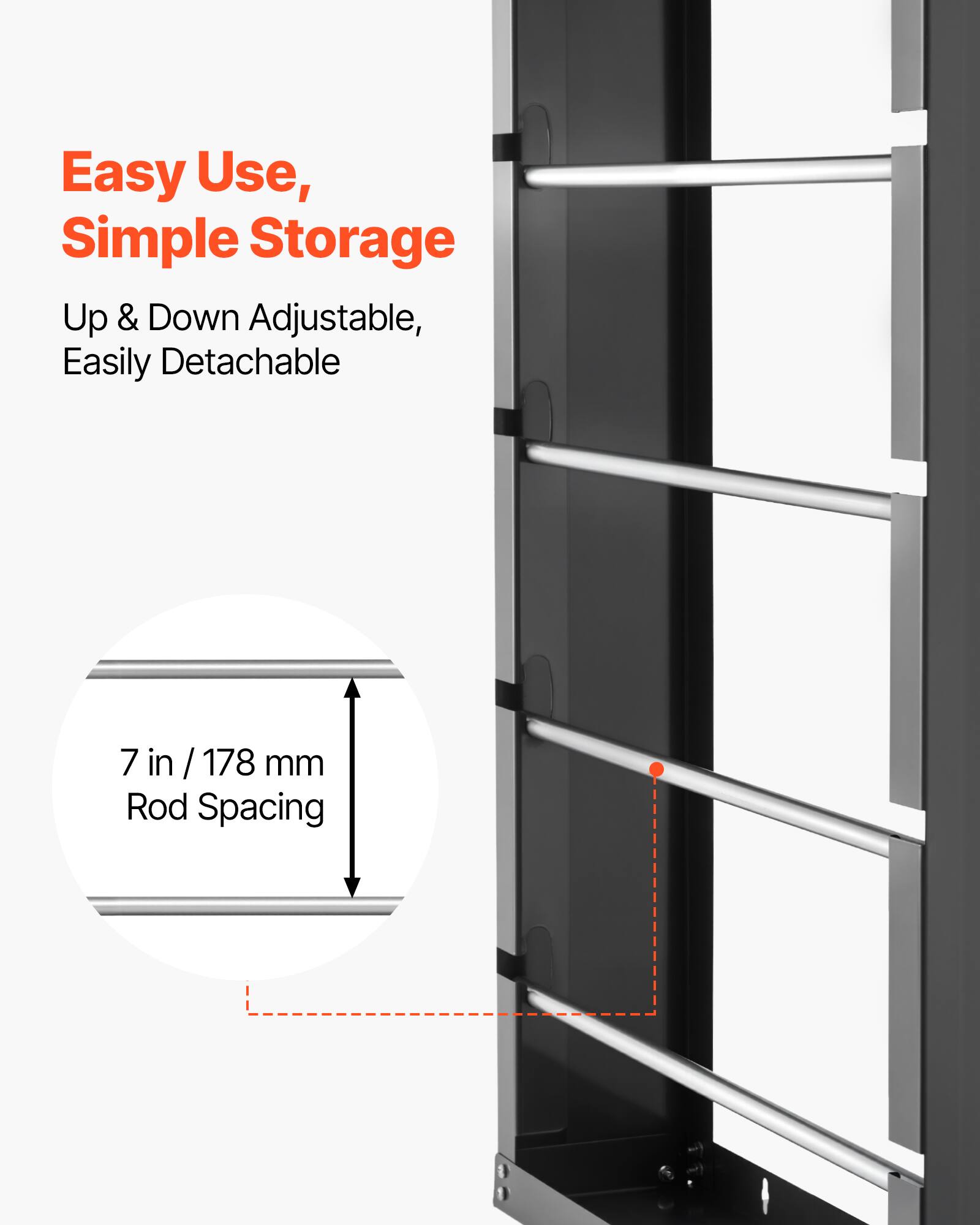 Easy Use, Simple Storage, Up & Down Adjustable, Easily Detachable, 7 in / 178 mm Rod Spacing