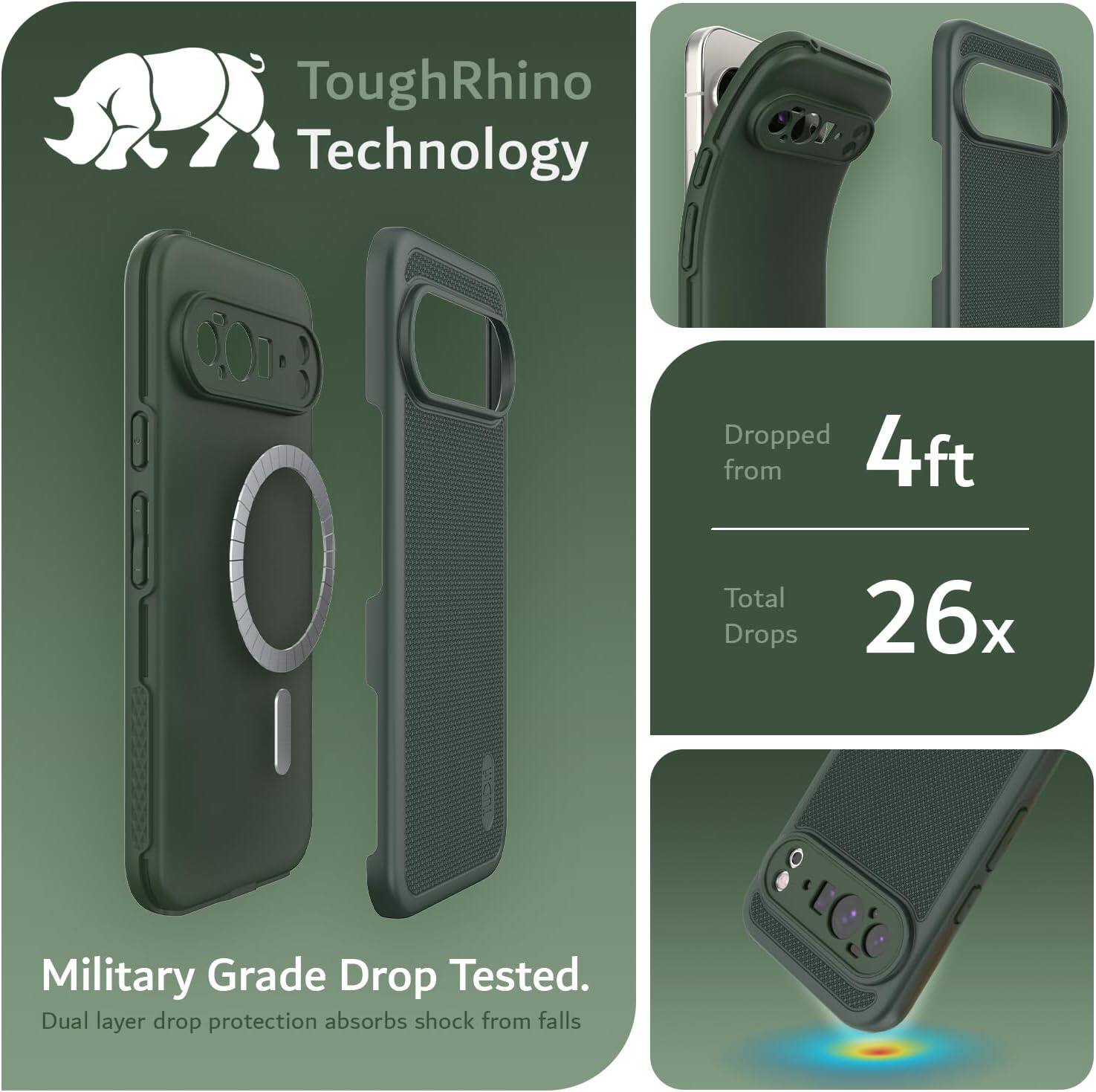ToughRhino Technology

Dropped from 4ft  
Total Drops 26x

Military Grade Drop Tested.  
Dual layer drop protection absorbs shock from falls