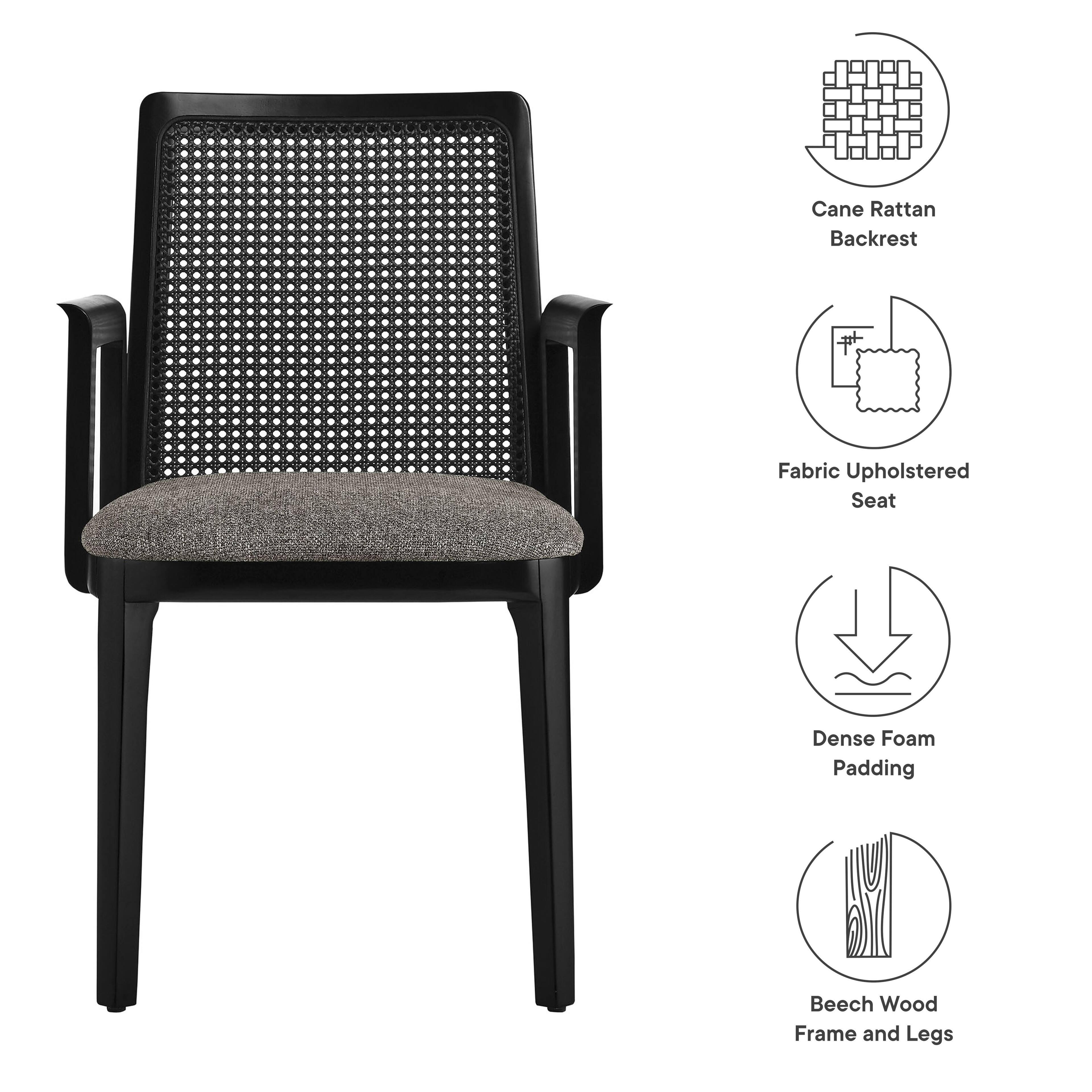 Cane Rattan Backrest  
Fabric Upholstered Seat  
Dense Foam Padding  
Beech Wood Frame and Legs