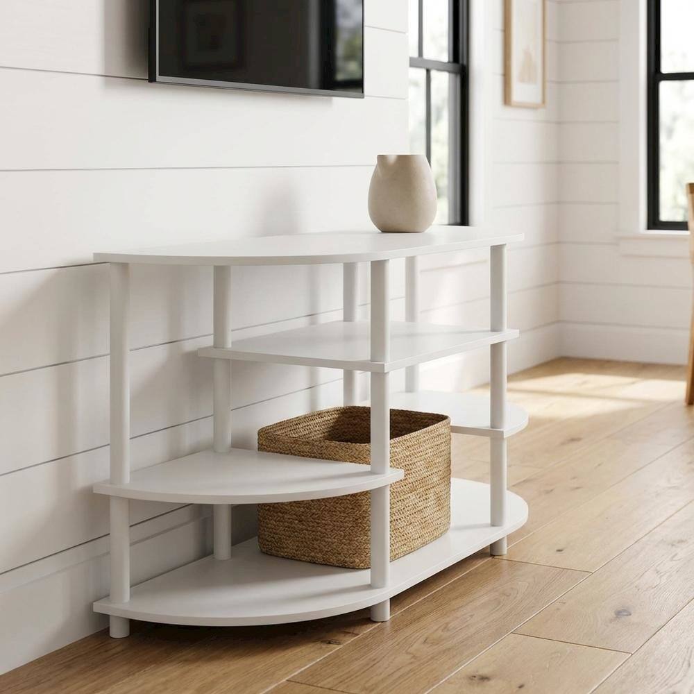 Alt View 1. FurniFact - White Corner TV Stand with Solid Rubberwood and Walnut Veneers, Modern Design - White.