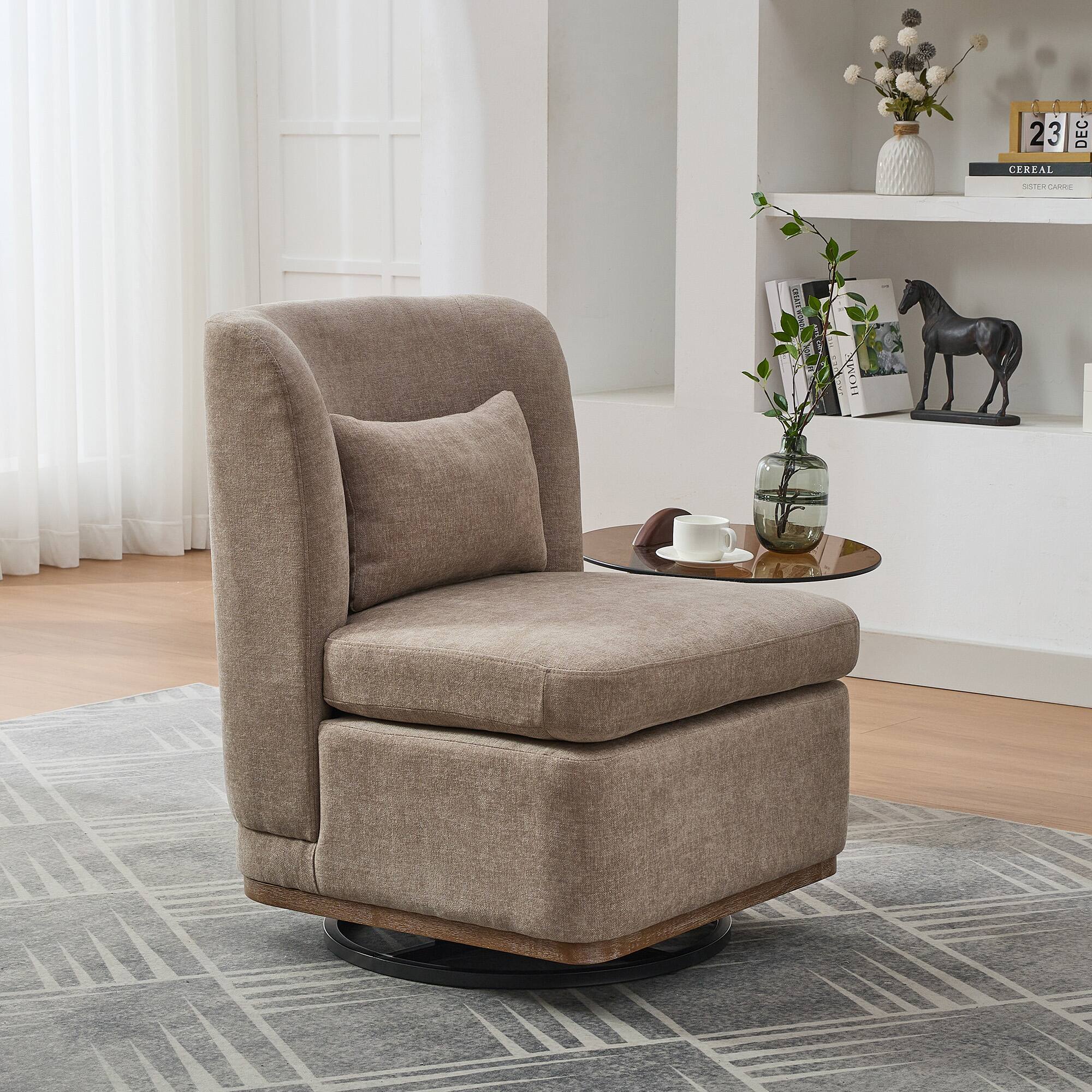Left. TinyHomie - 25 Inch Taupe 360 Swivel Armless Metal Base Chenille Cushioned Chair with Pillow - brown.