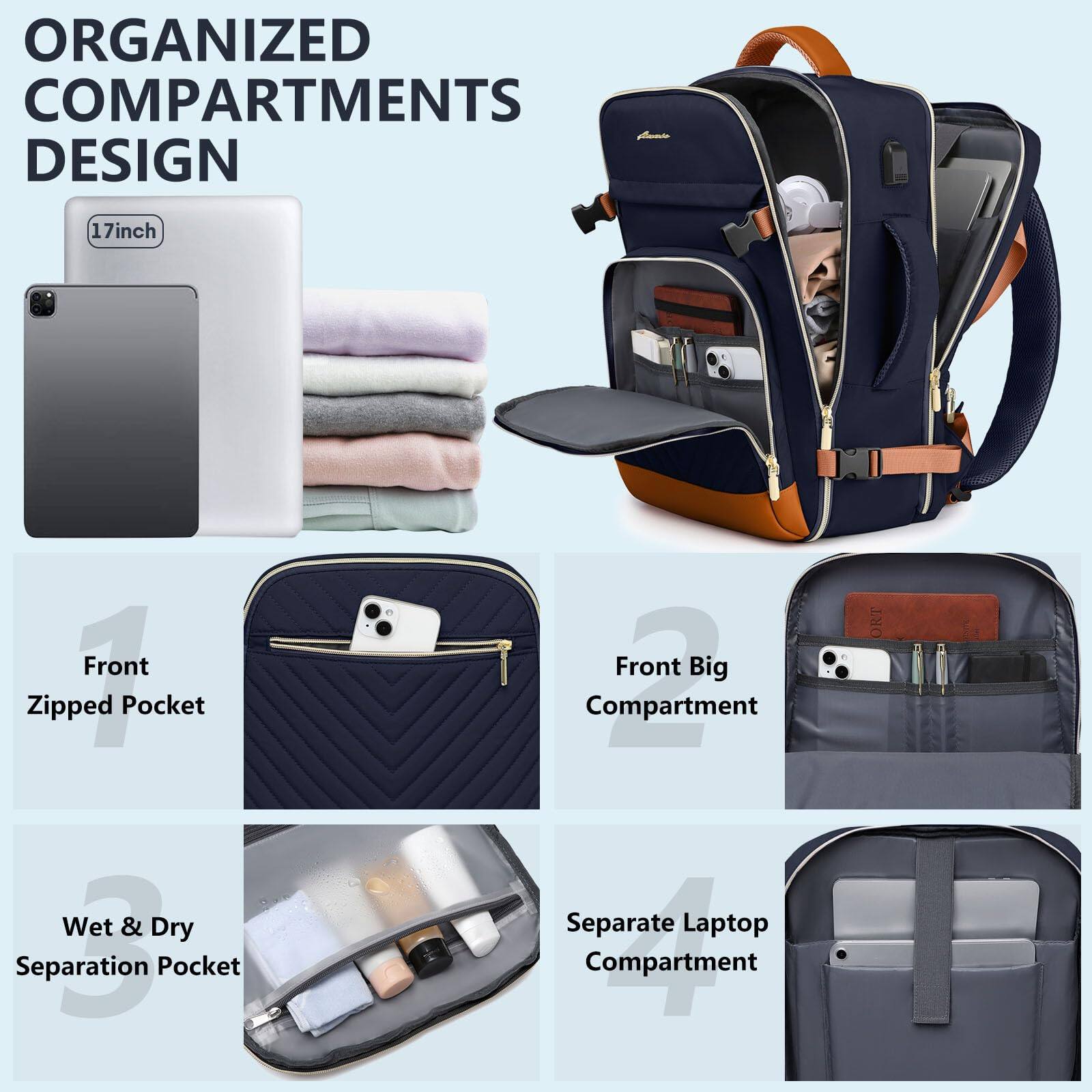 Left. Stamp n Camp - Large Carry On Travel Backpack  Flight Approved 40l Waterproof Personal Item Daypack For Women Weekender Bag Fit 17inch - Grey Pink.