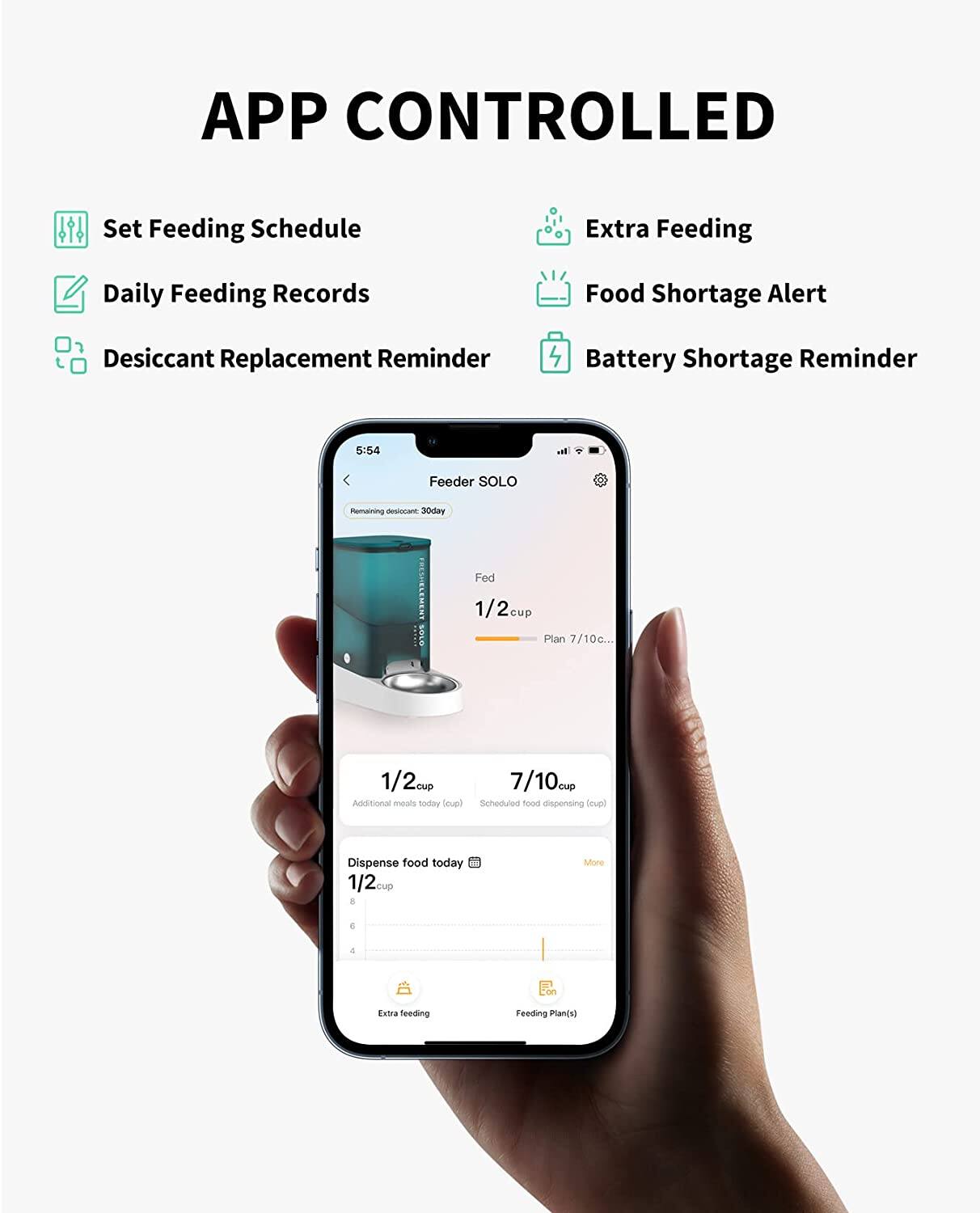 APP CONTROLLED

- Set Feeding Schedule
- Daily Feeding Records
- Desiccant Replacement Reminder
- Extra Feeding
- Food Shortage Alert
- Battery Shortage Reminder

Feeder SOLO

Remaining desiccant: 30day

Fed 1/2 cup

Plan 7/10 cup

Additional meals today: 1/2 cup

Scheduled food dispensing (cup): 7/10 cup

Dispense food today: 1/2 cup

Feeding Plan(s)

Extra feeding