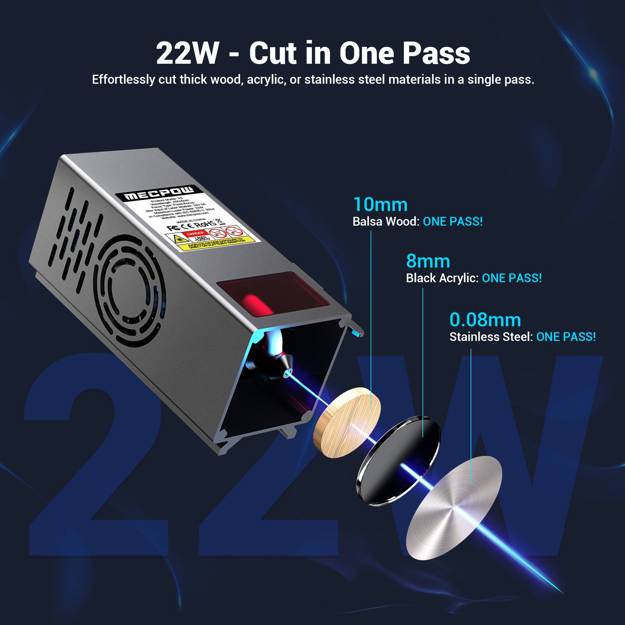 22W - Cut in One Pass  
Effortlessly cut thick wood, acrylic, or stainless steel materials in a single pass.

- Balsa Wood: 10mm - ONE PASS!
- Black Acrylic: 8mm - ONE PASS!
- Stainless Steel: 0.08mm - ONE PASS!