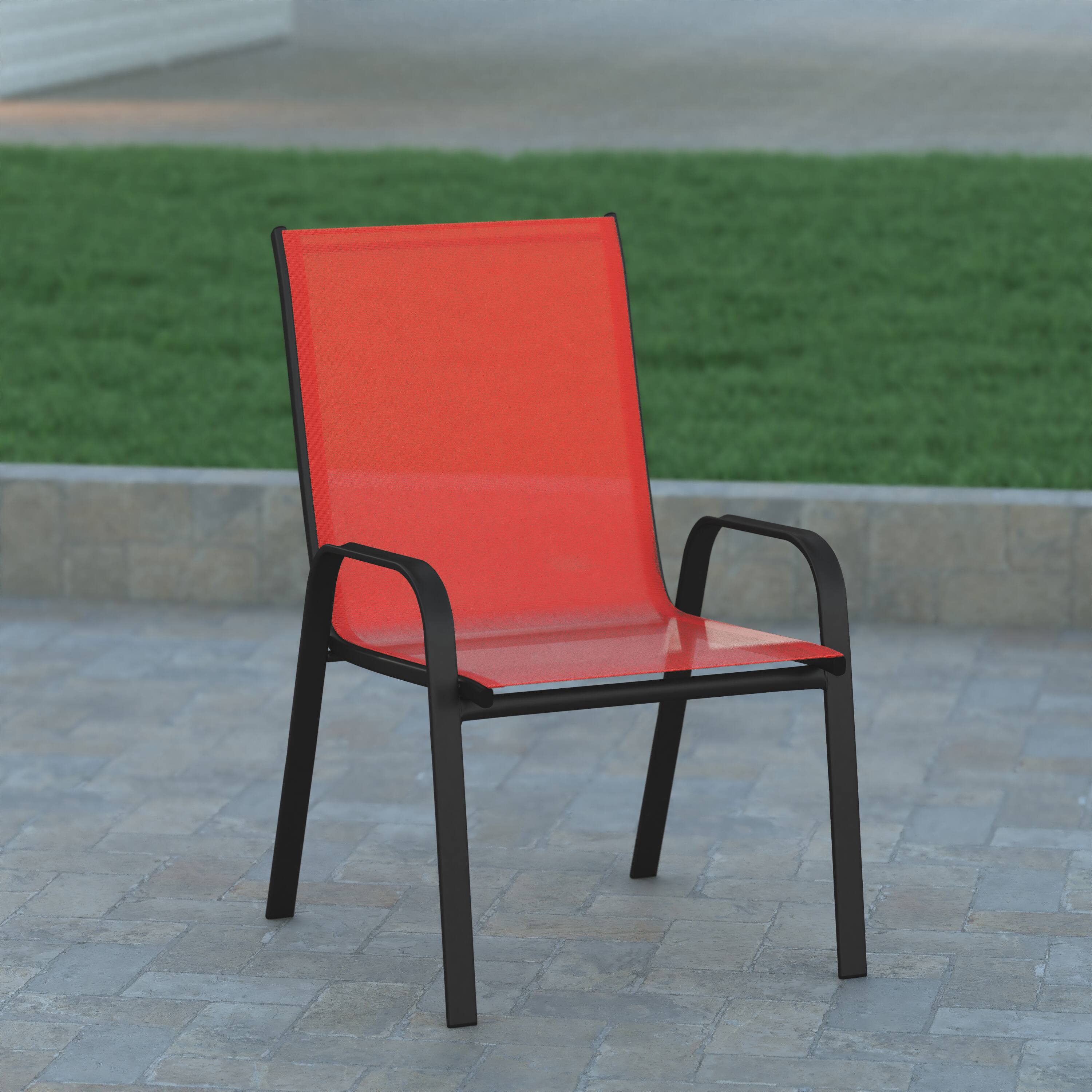 Alt View 4. Emma + Oliver - 4 Pack Outdoor Stack Chair with Flex Comfort Material - Patio Stack Chair - Red.