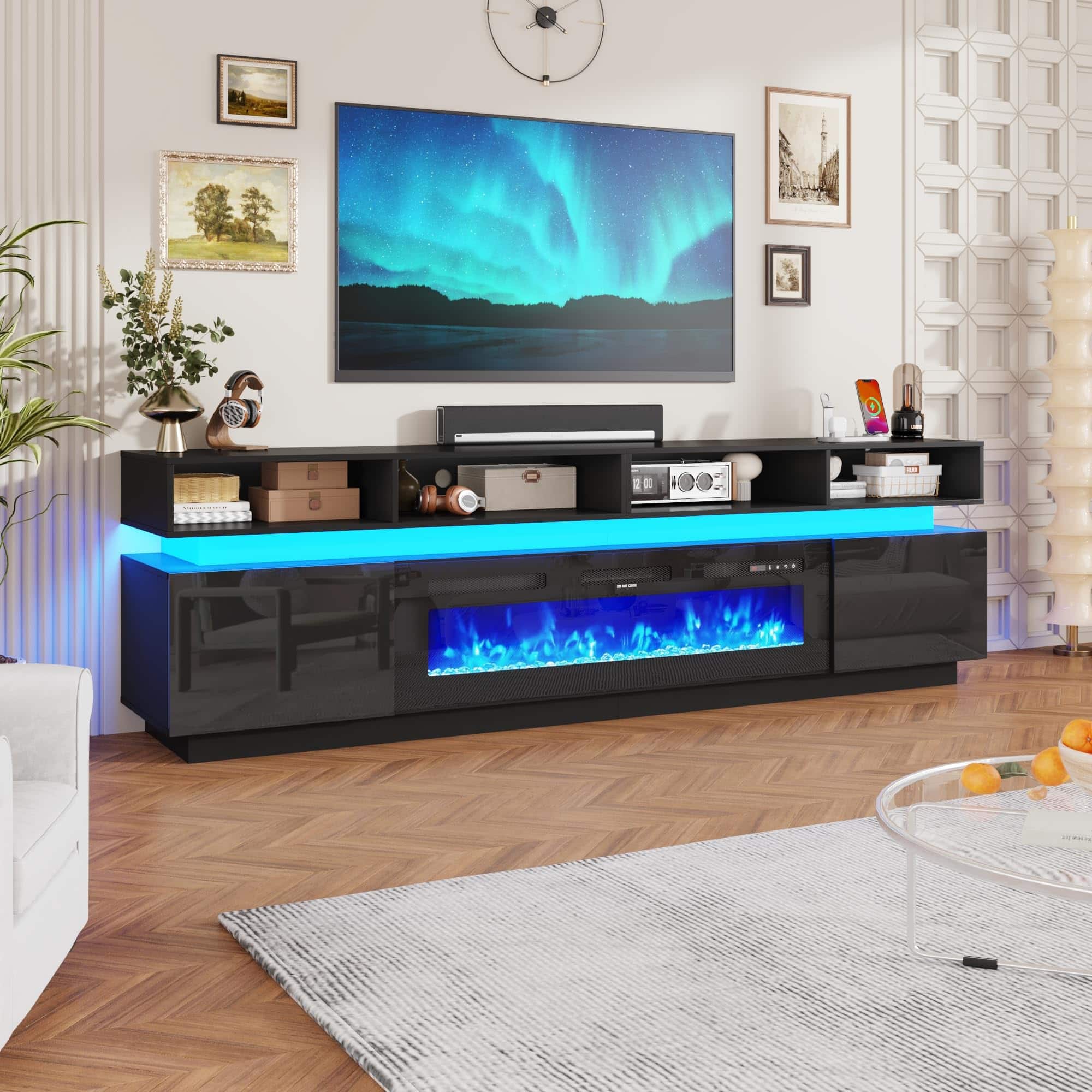 Espafurni - 93" Fireplace TV Stand for 100" TVs, 50" Electric Fireplace, LED, Power Outlets - Black