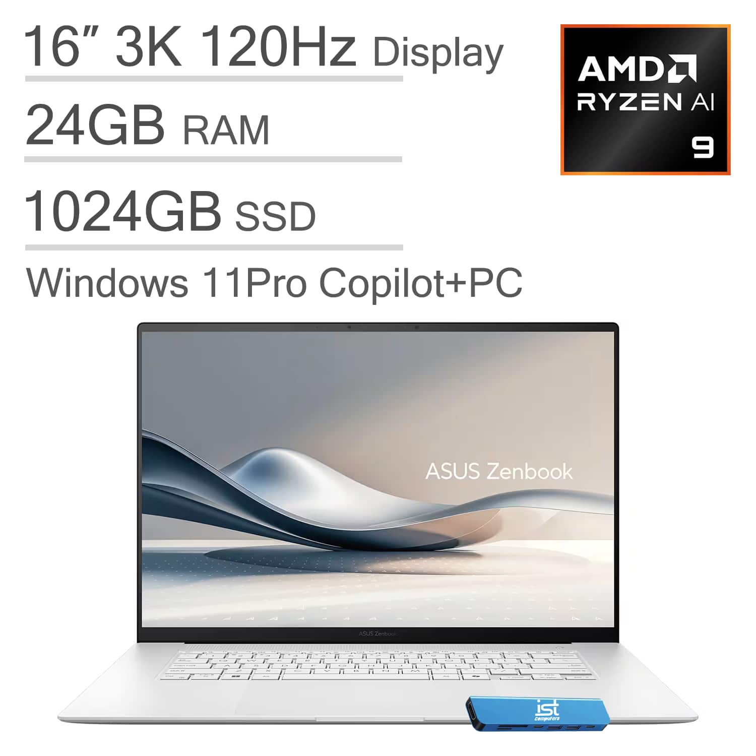 ASUS - Zenbook S 16 Laptop - 16” 3K OLED Touchscreen - Copilot+ PC - AMD Ryzen AI 9 365 - 24GB RAM - 1TB SSD - Win11Pro - Scandinavian White