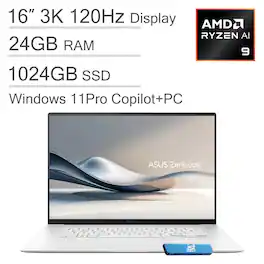 ASUS - Zenbook S 16 Laptop - 16” 3K OLED Touchscreen- Copilot+ PC - AMD Ryzen AI 9 365 - 24GB RAM - 1TB SSD - Win11Pro - AMD Ryzen AI 9 - Scandinavian White